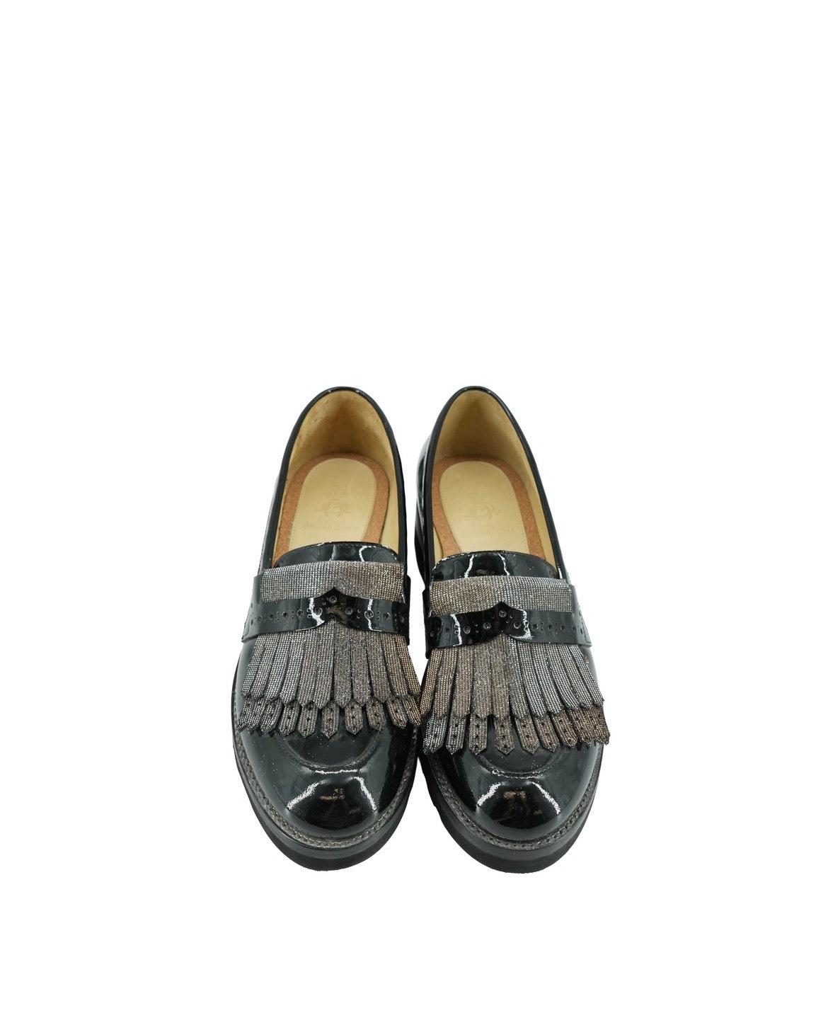 The Office of Angela Scott black patent leather metallic fringe Mr. Pennywise loafers size 38.5 (8.5)