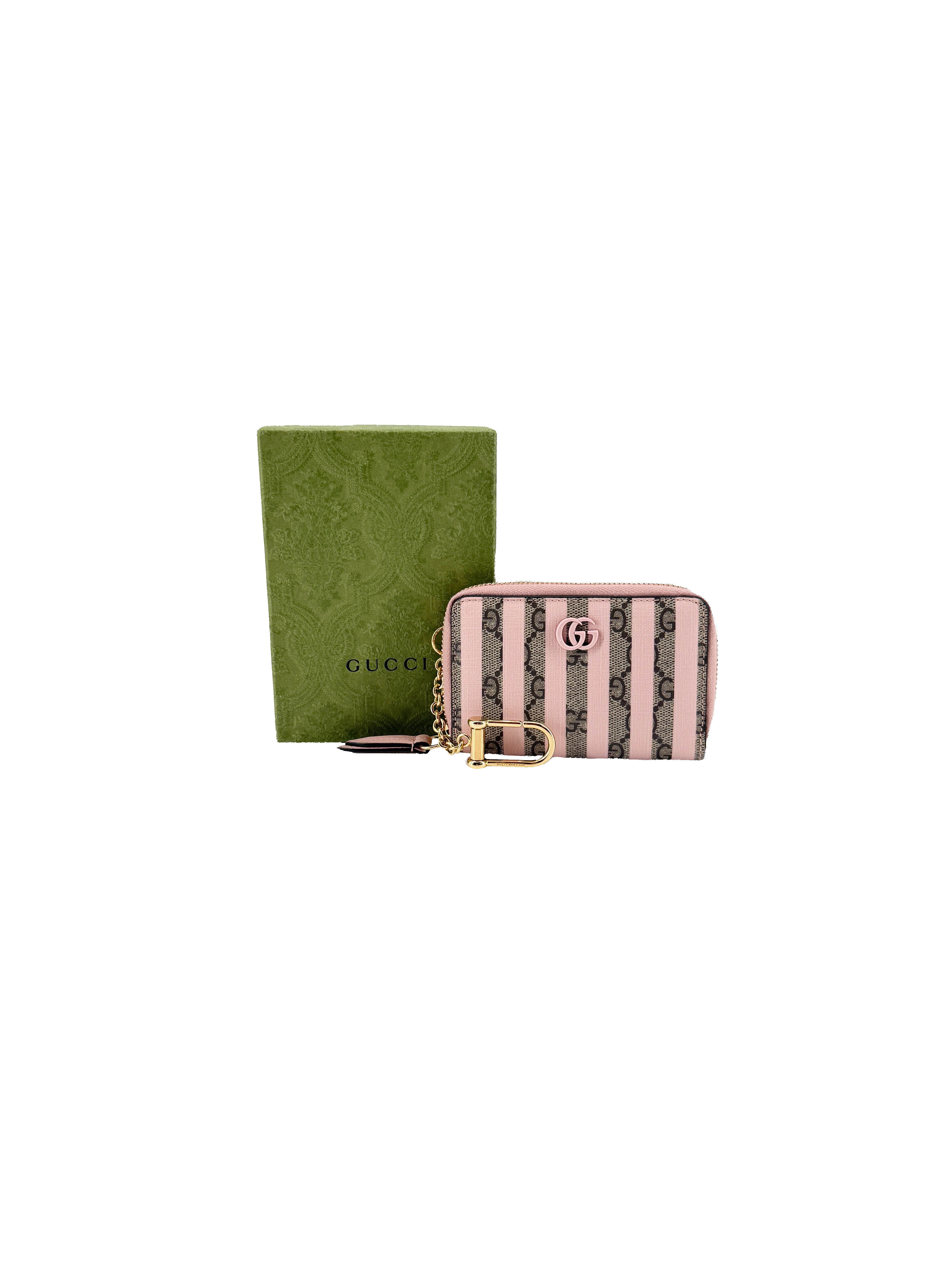 Gucci brown GG pink striped key holder wallet 701485-4184