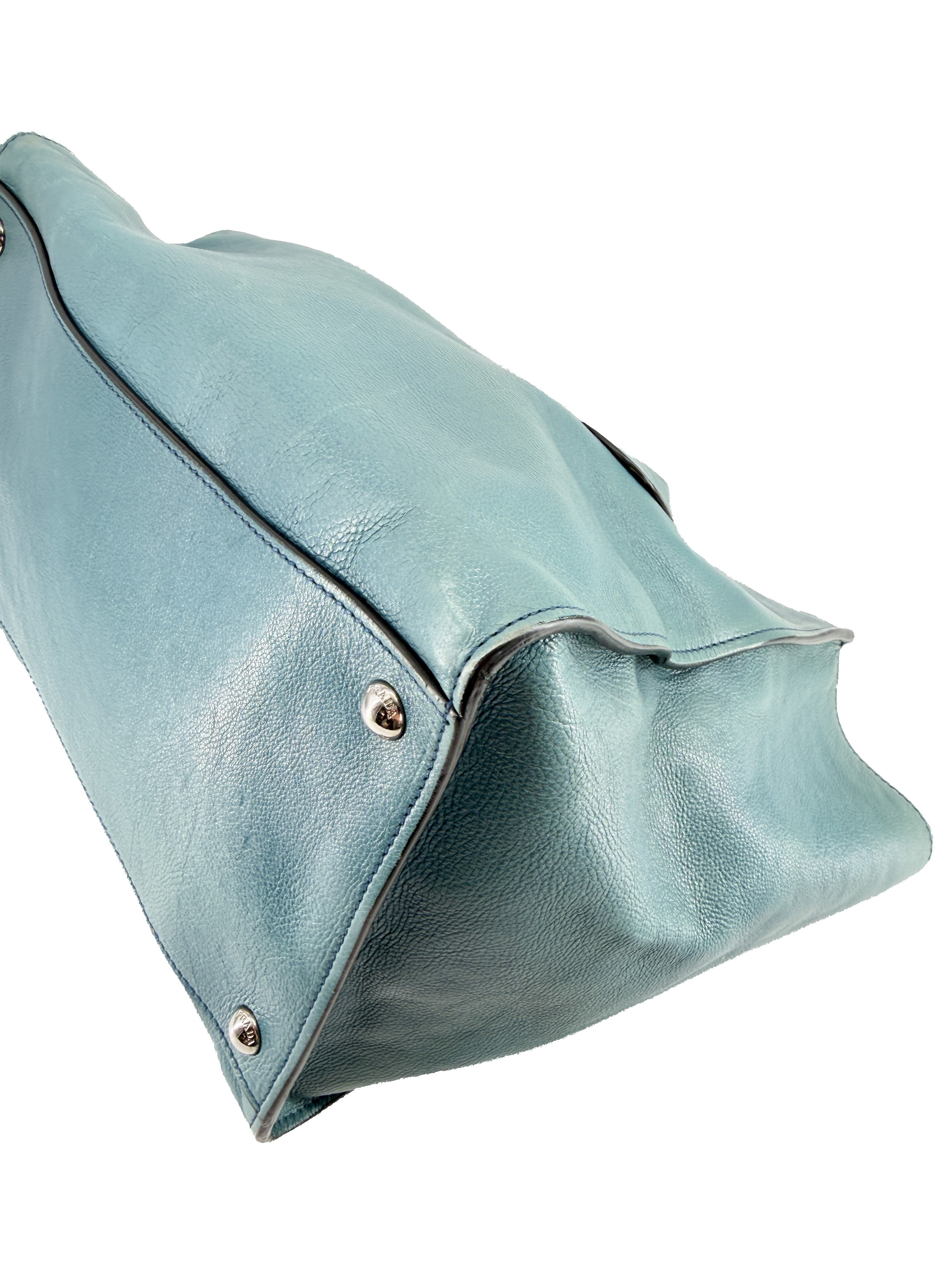 Prada teal twin pocket Glace leather tote 14/O