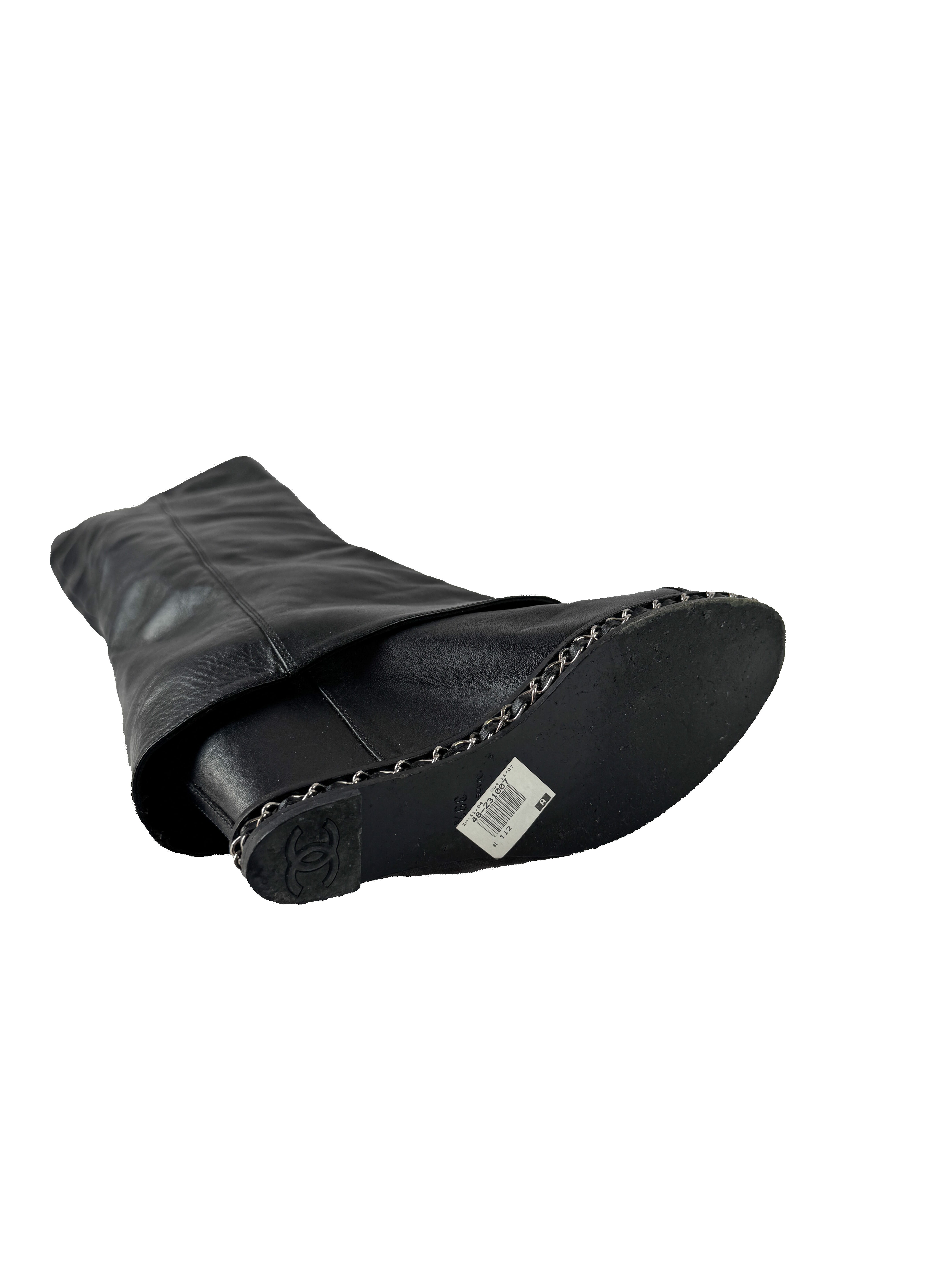 Chanel black leather interlocking CC Ascot knee high boots size 39.5 D