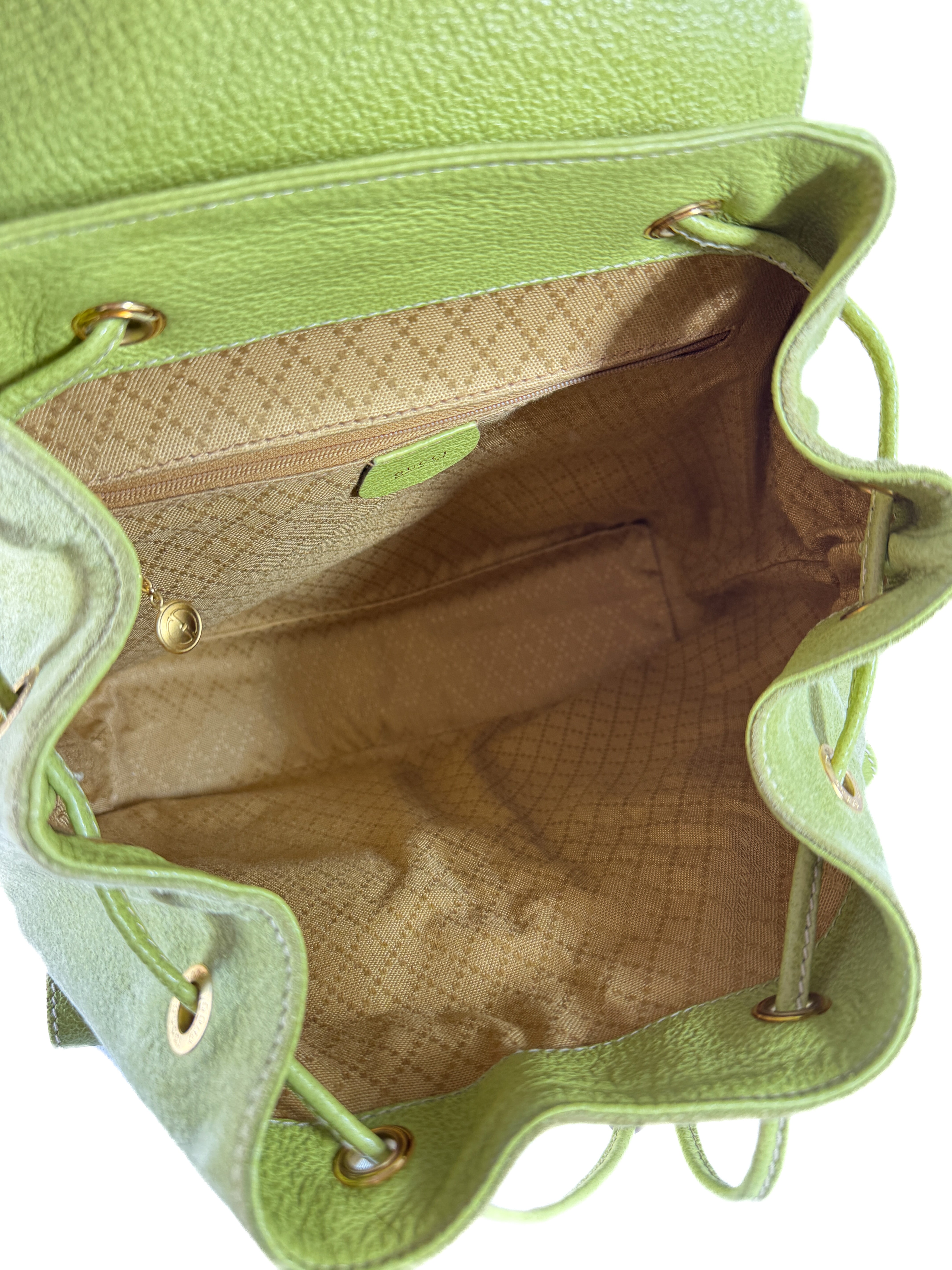 Gucci lime green vintage suede Bamboo large backpack 003-1998-0016