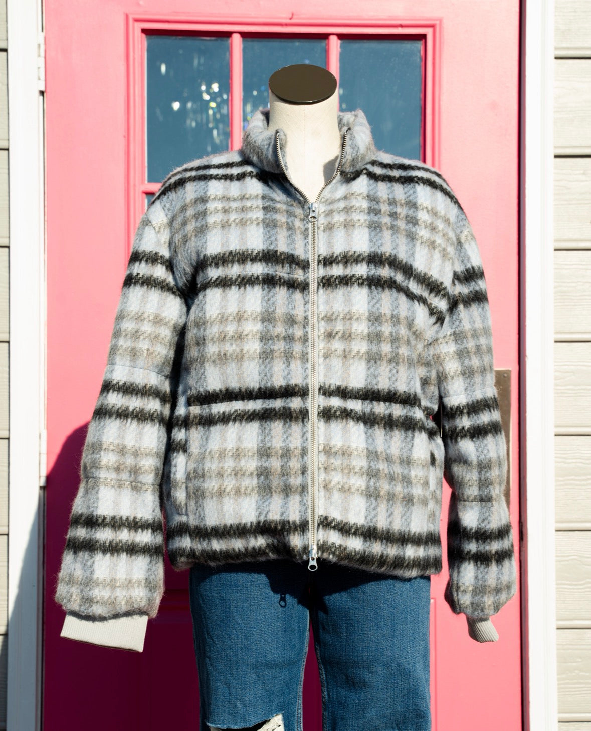 Anthropologie blue black plaid jacket size L NWT