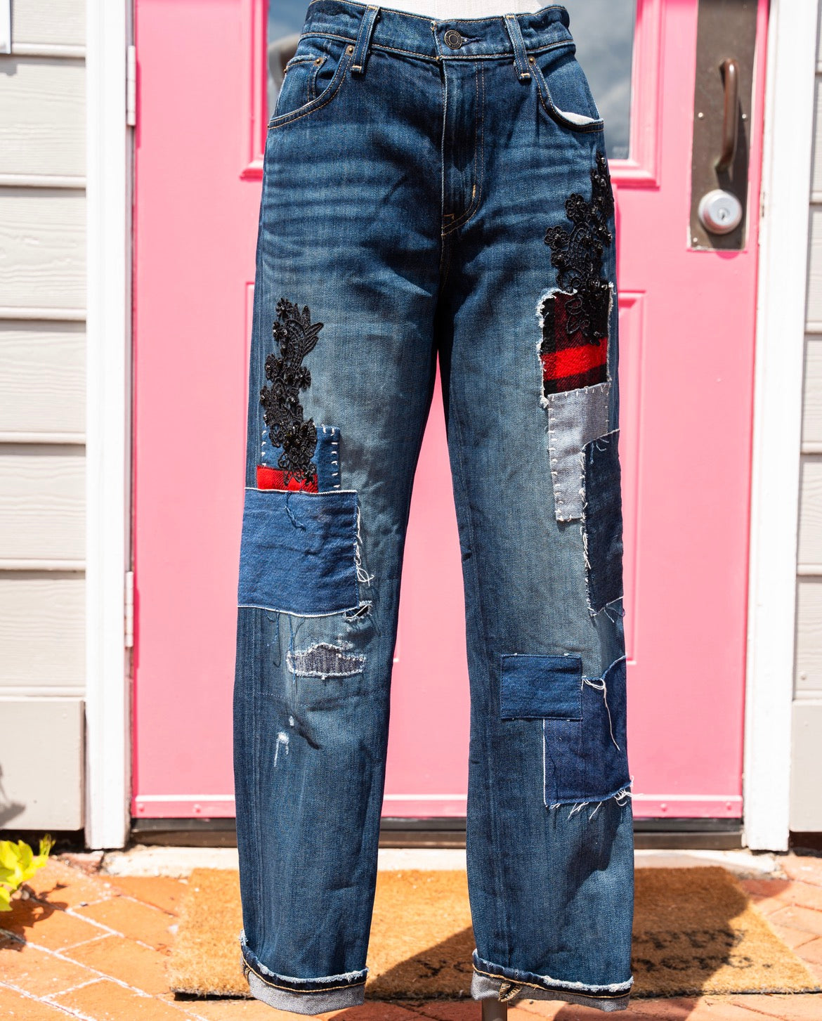 Lauren Ralph Lauren red black plaid patchwork jeans size 8