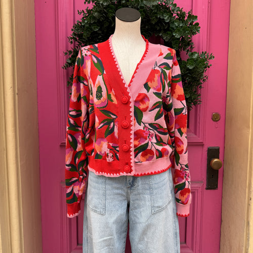 FARM RIO pink red Papaya cardigan size L