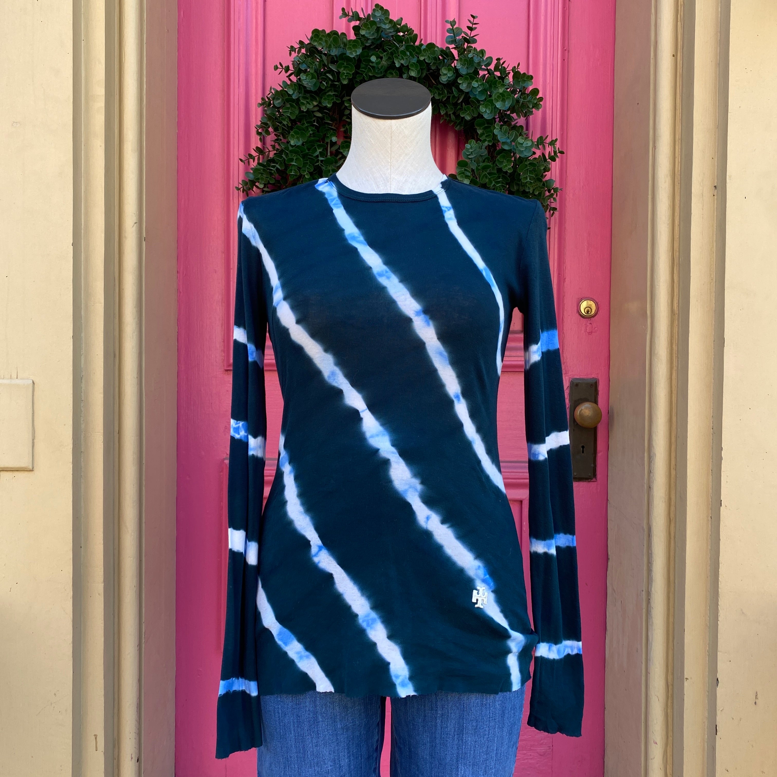 Tory Sport teal white blue tie dye long sleeve top size XS