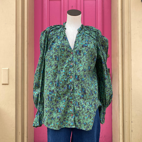 Free People green blue floral long sleeve top size Large
