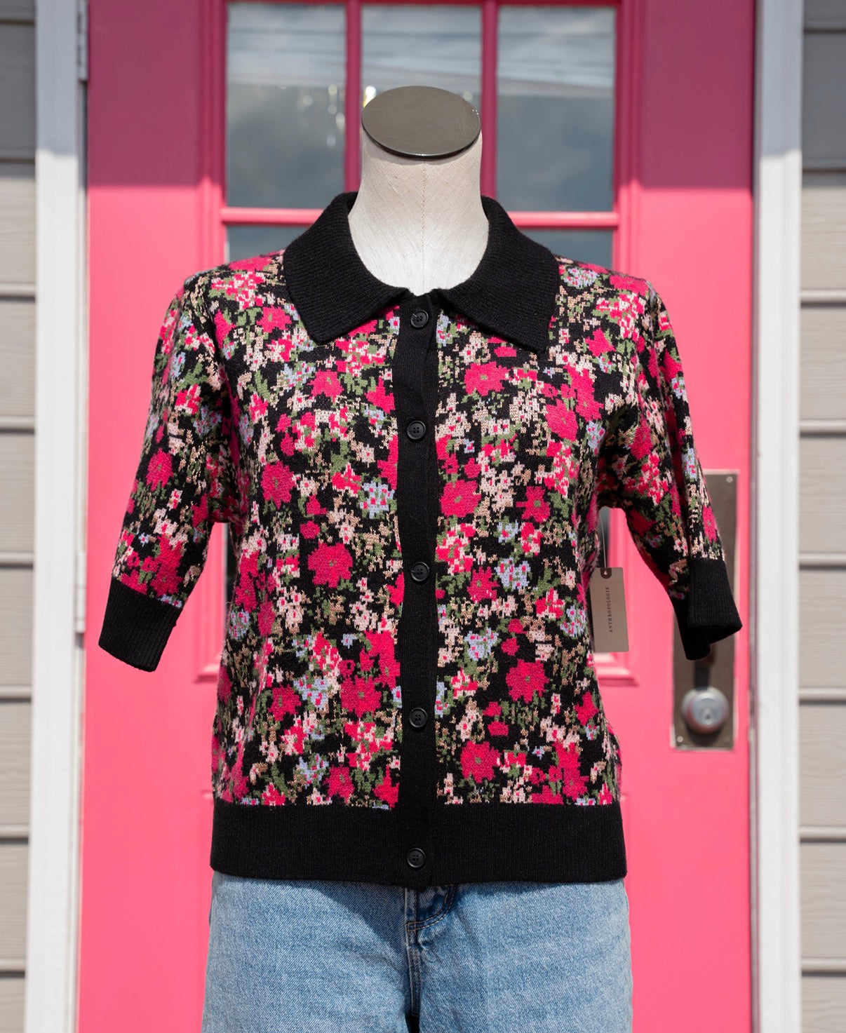 Maeve pink black floral SS knit BU size L NWT