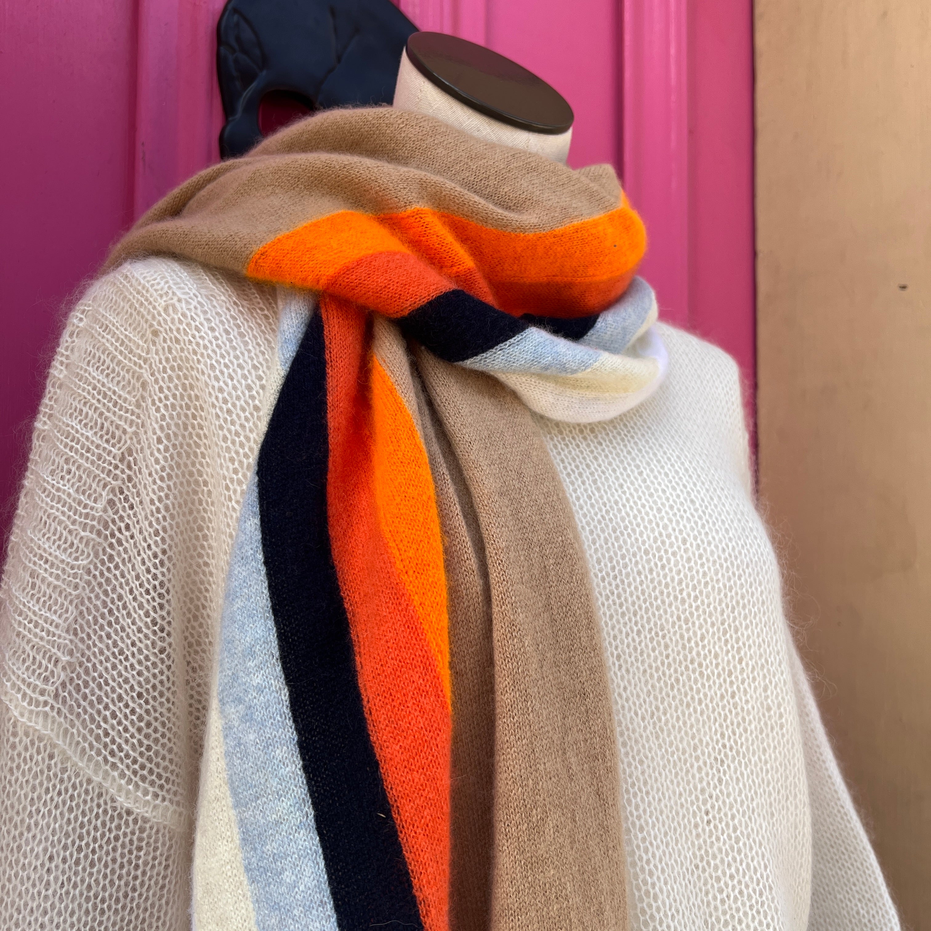 Brodie brown blue pink striped cashmere scarf