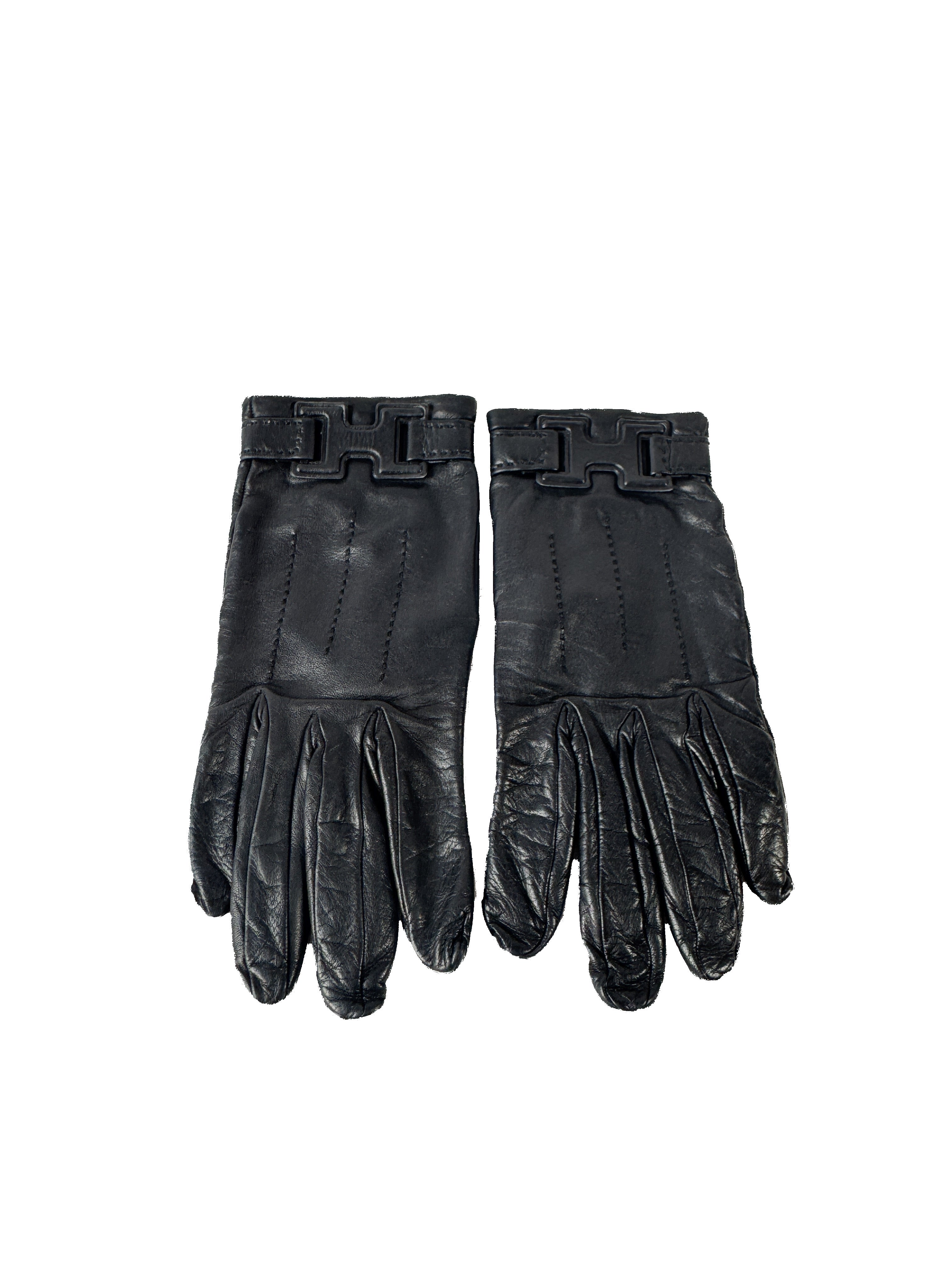Hermès black leather H gloves size 7
