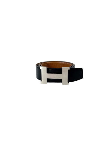 Hermès black leather matte silver Constance H belt size 100 SP 11 28