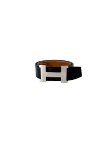 Hermès black leather matte silver Constance H belt size 100 SP 11 28