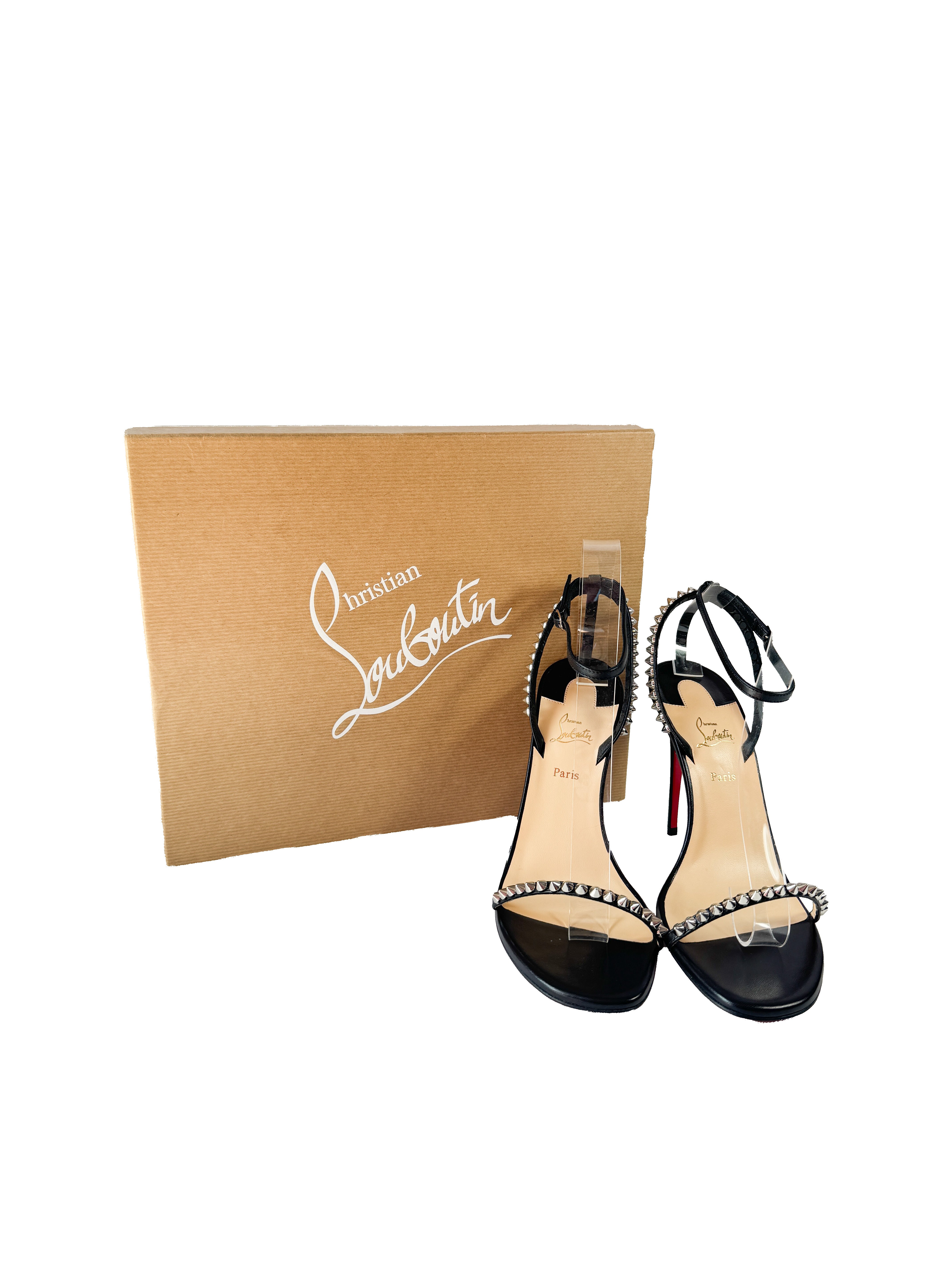 Christian Louboutin black 100MM So Me strappy spike heeled sandals size 38.5 NEW
