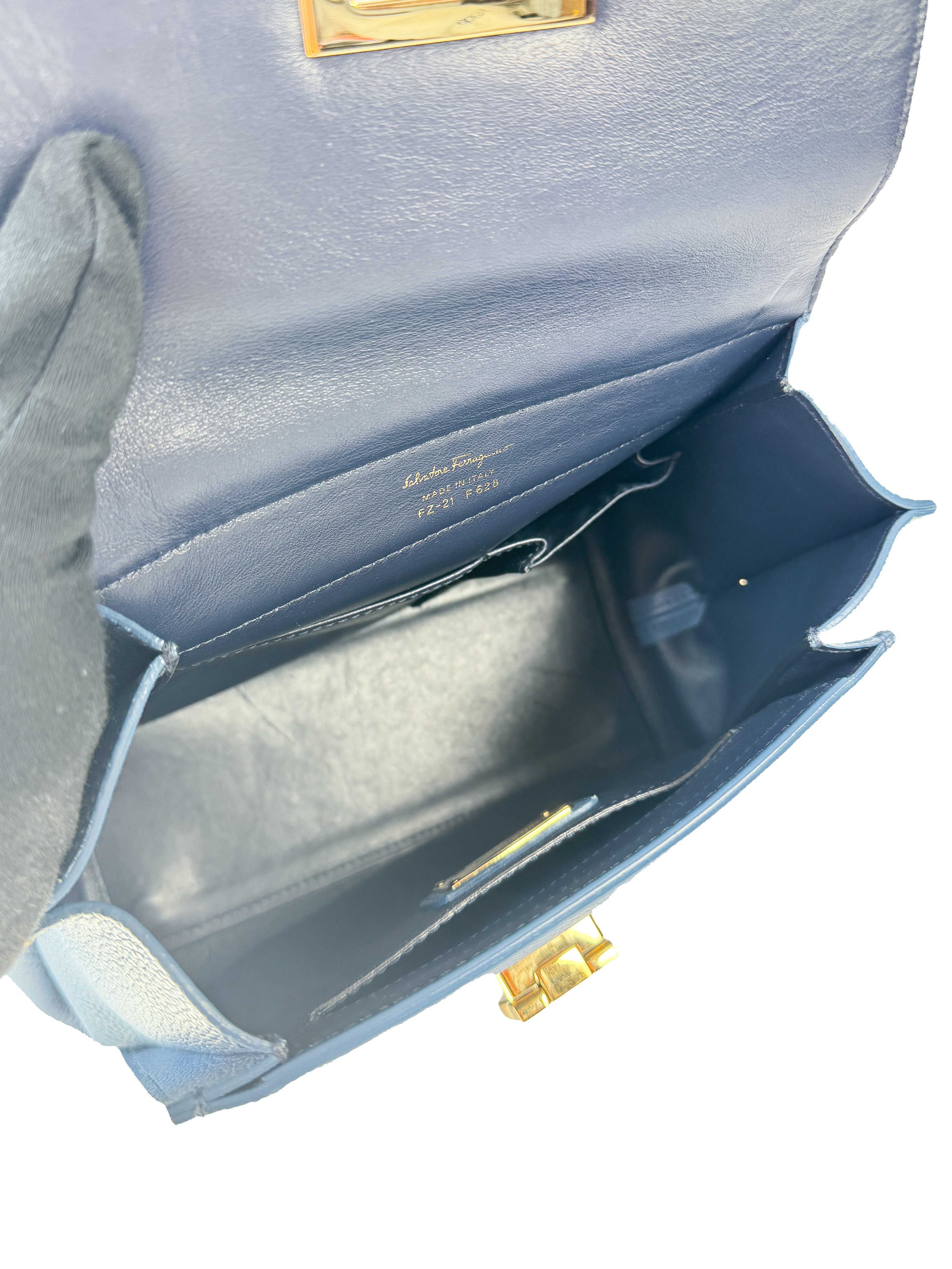 Salvatore Ferragamo blue grained calfskin small Sofia satchel FZ-21 F6