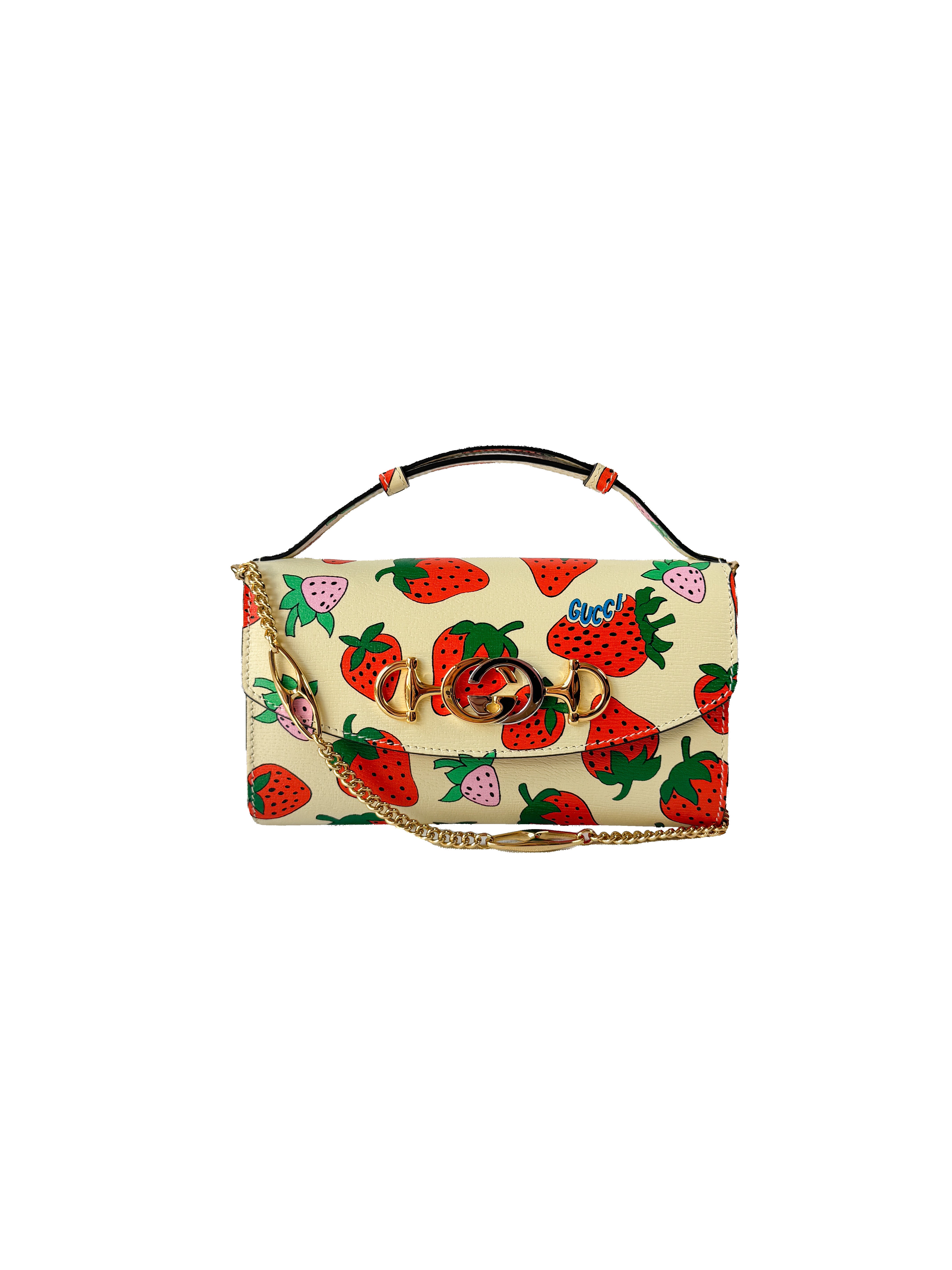 Gucci Calfskin Strawberry Print Mini Zumi Shoulder Bag 564718486628