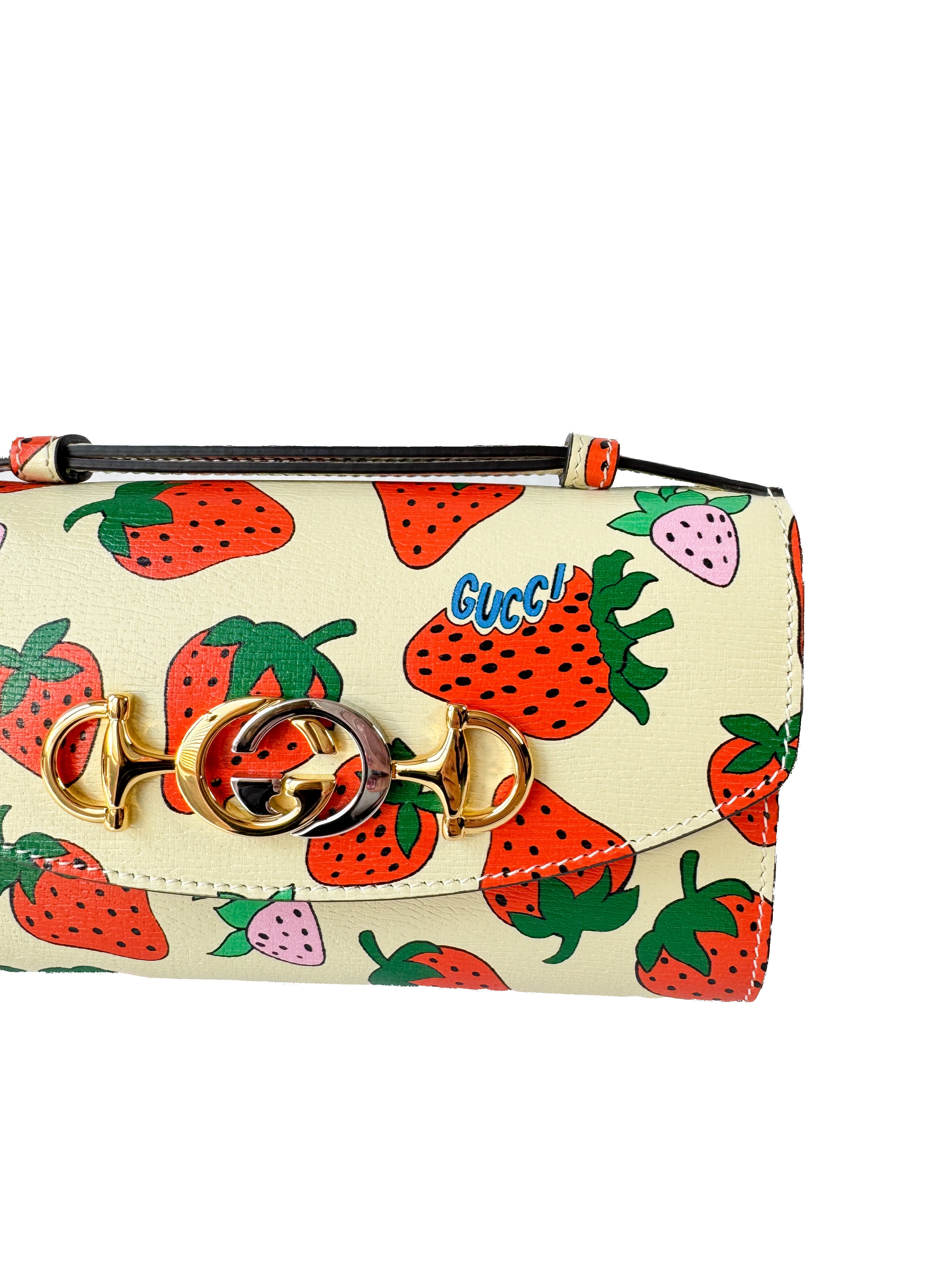 Gucci Calfskin Strawberry Print Mini Zumi Shoulder Bag 564718486628