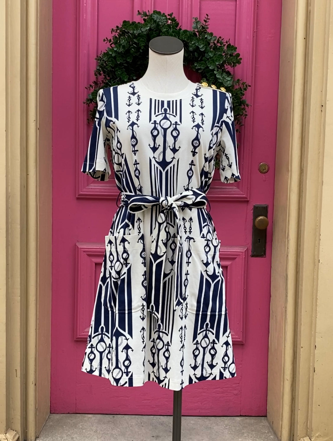 Tory Burch navy cream anchor print short sleeve dress size XSmall