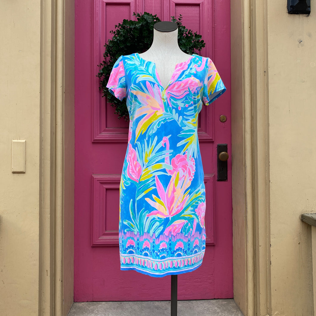 Lilly Pulitzer muted neon flamingo print short sleeve dress size Medium