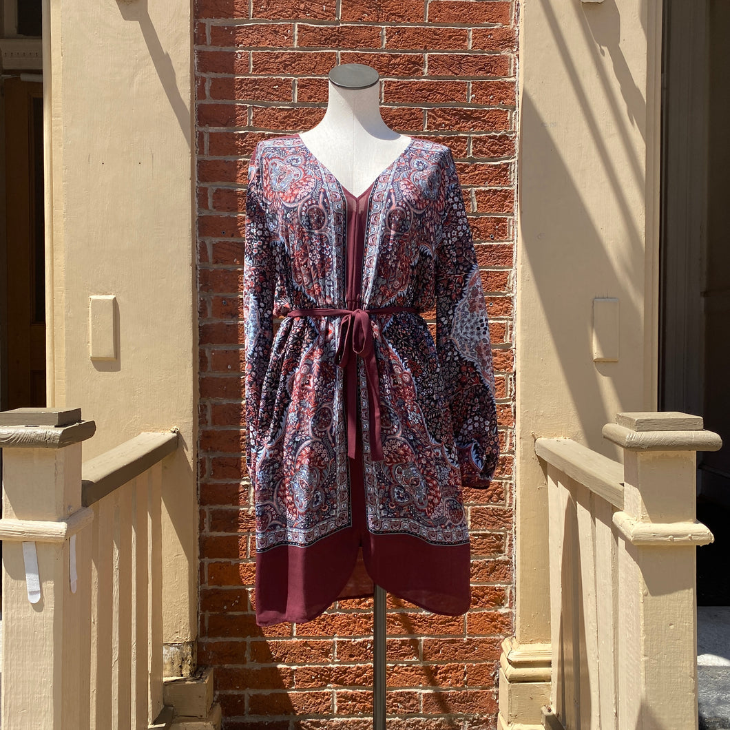 BCBG Maxazria burgundy print dress size Large