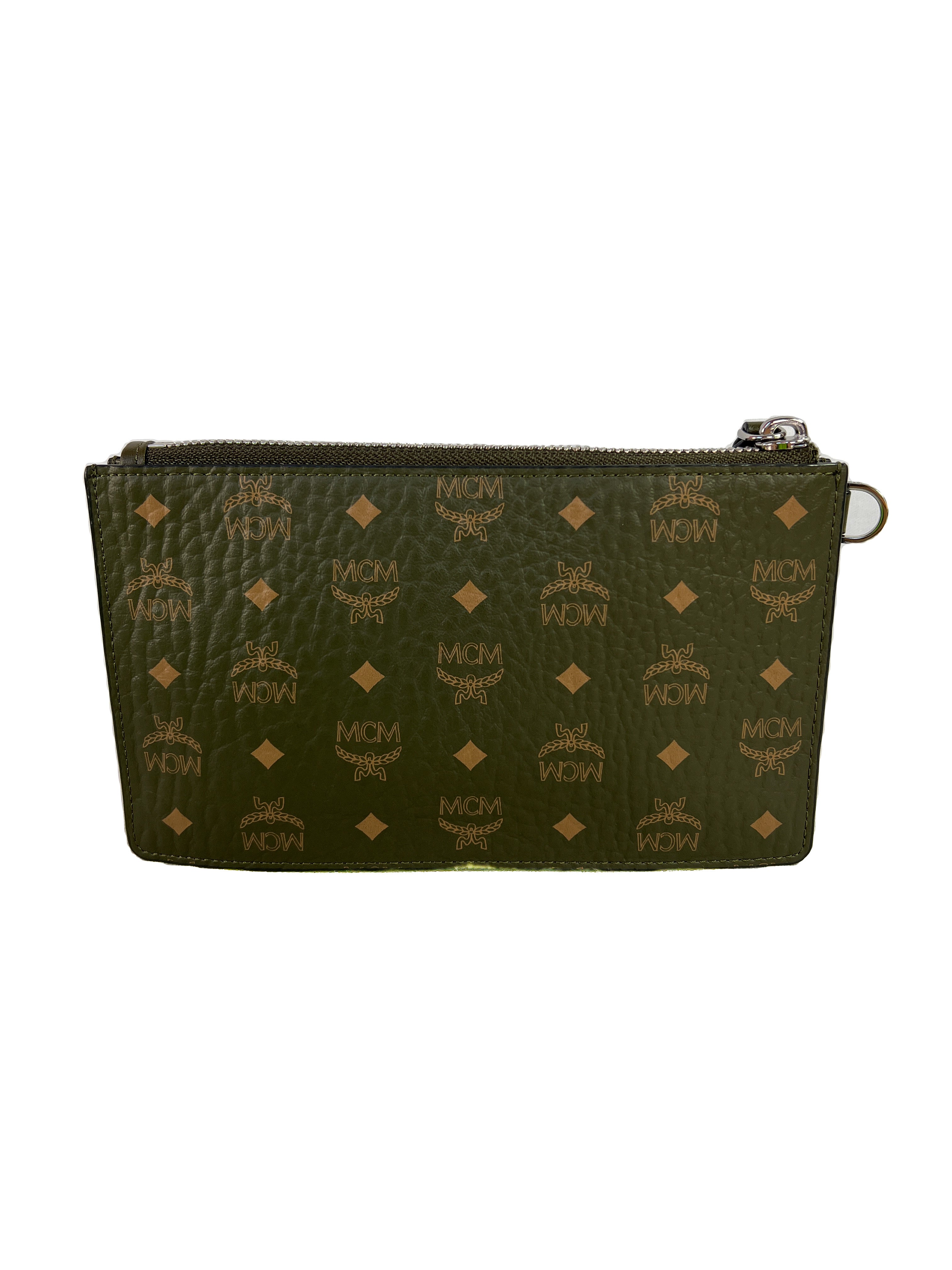 MCM olive visetos leather medium zip pouch