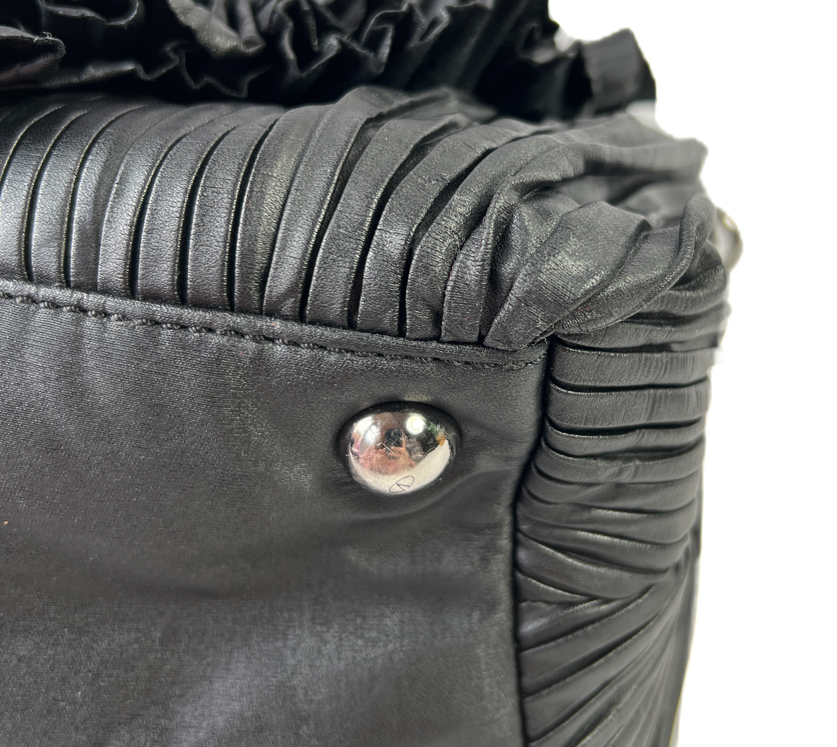 Valentino Garavani black floral leather pleated satchel