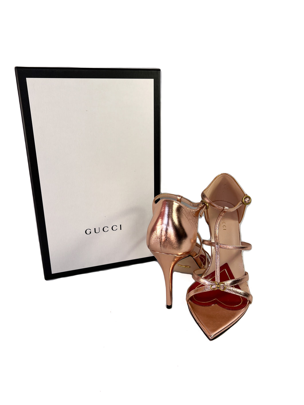 Gucci rose gold Jerry heeled leather cage sandals size 39 NEW