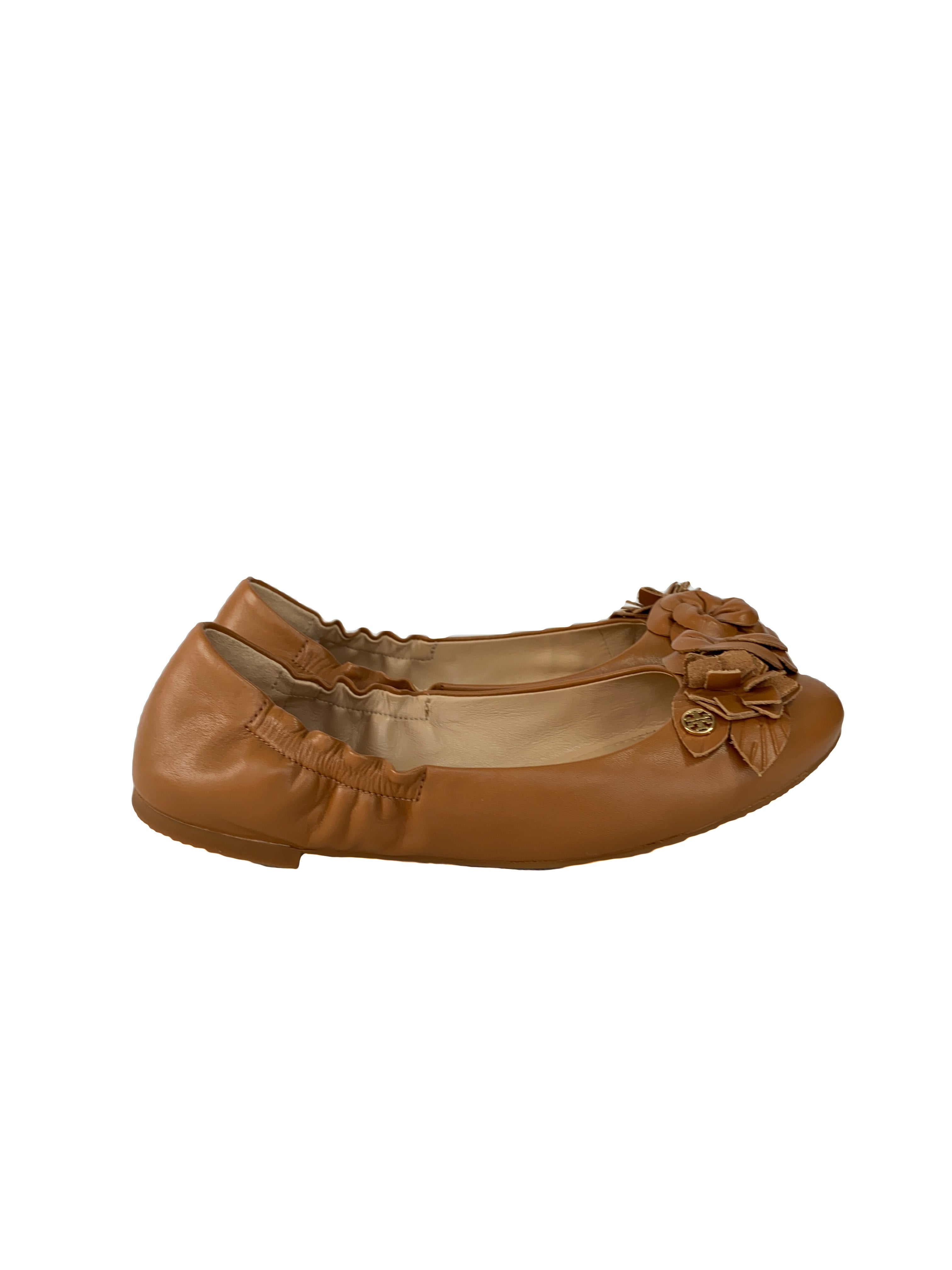 Tory Burch brown leather floral flats size 8