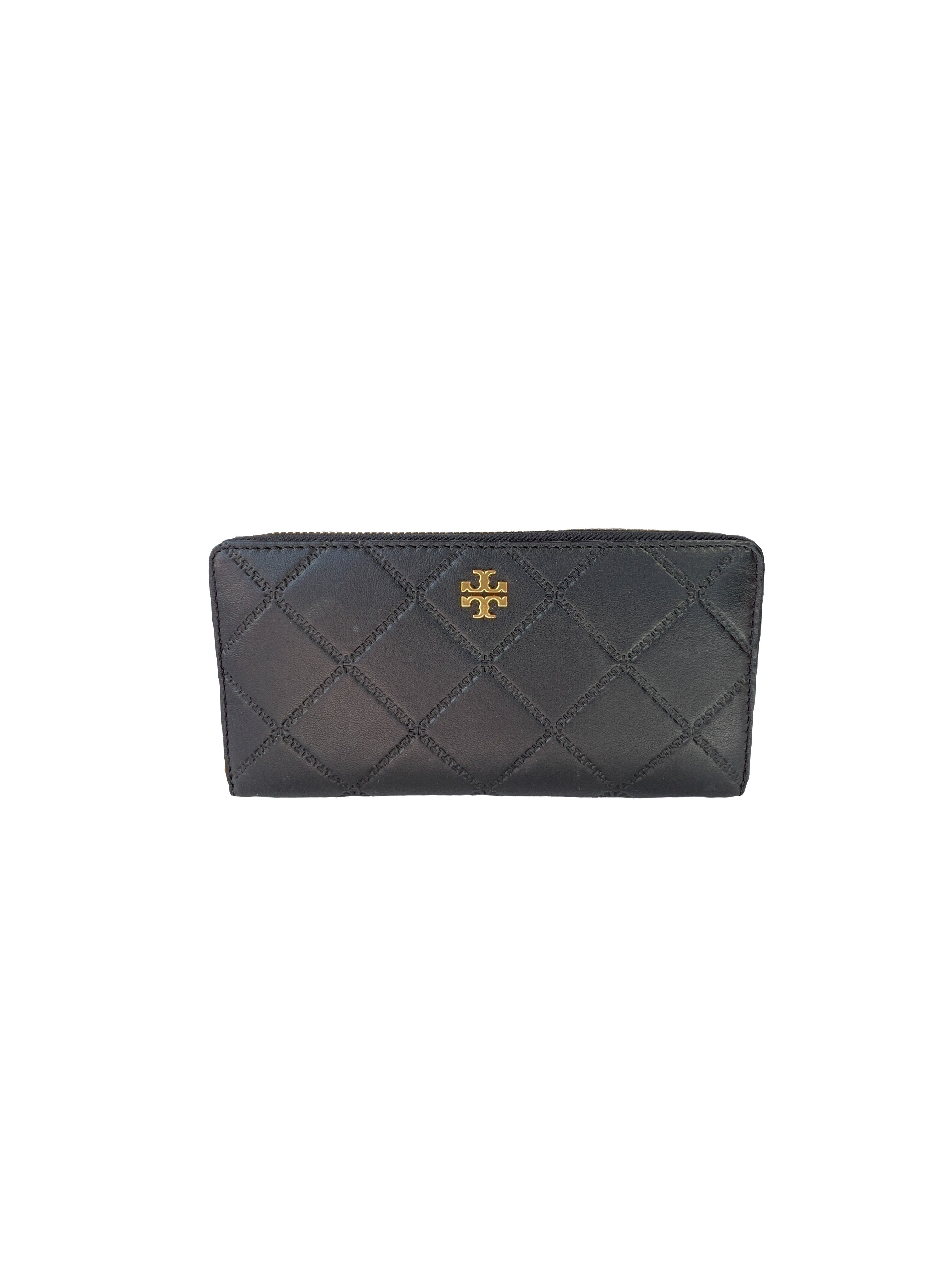 Tory Burch black leather zip around wallet