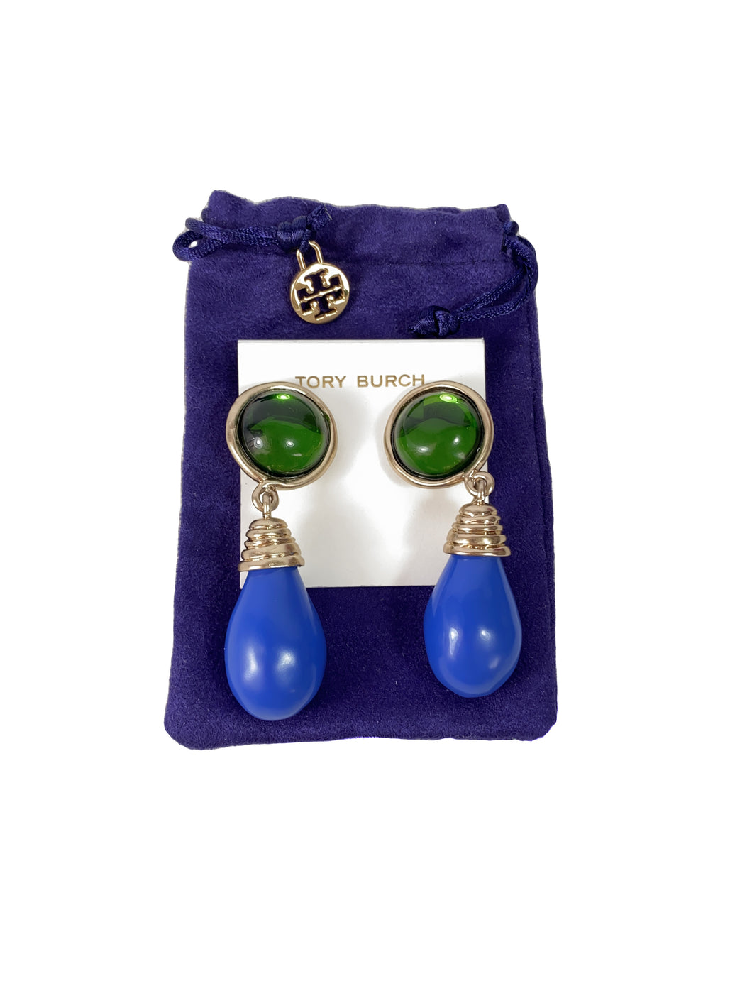 Tory Burch blue and green clip on stone drop earrings NEW