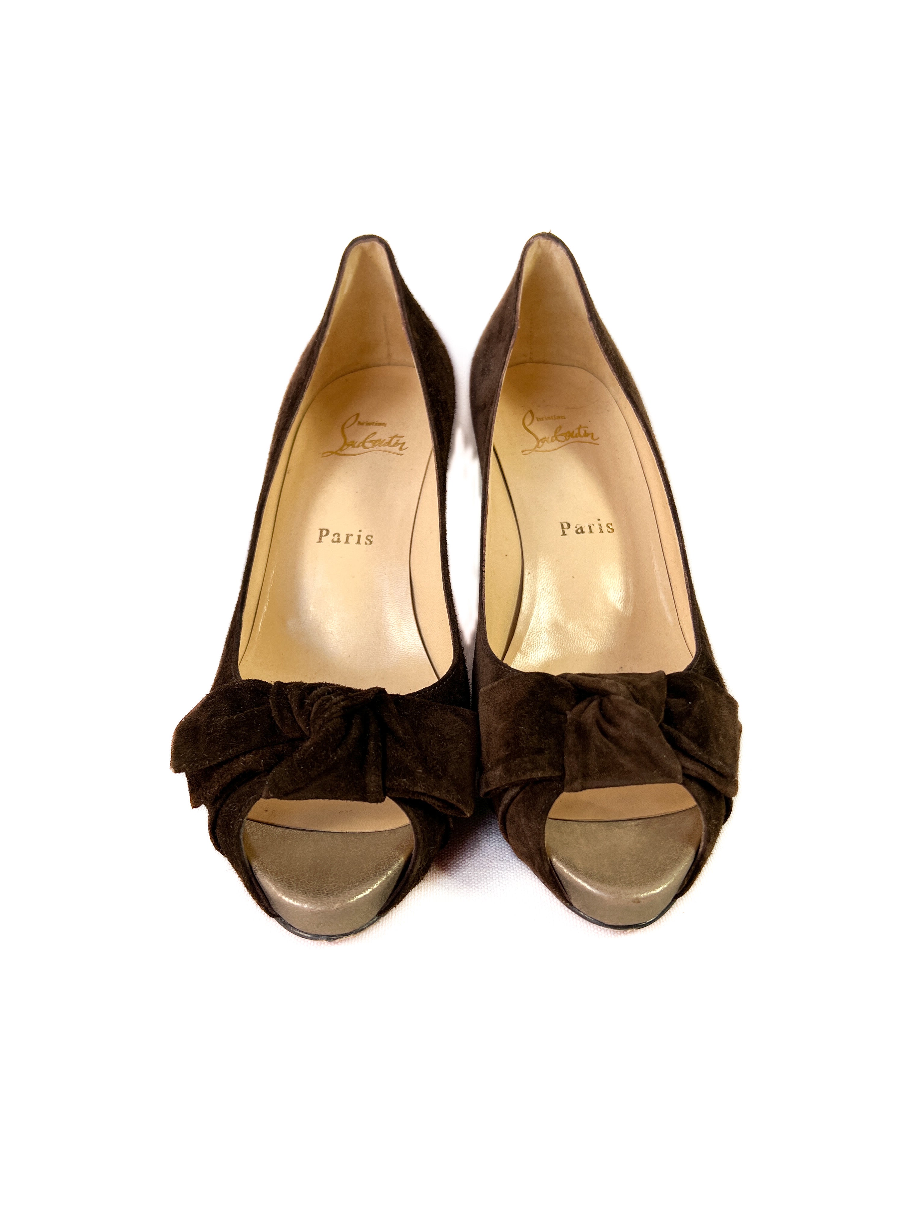 Christian Louboutin brown suede peep toe pumps size 38
