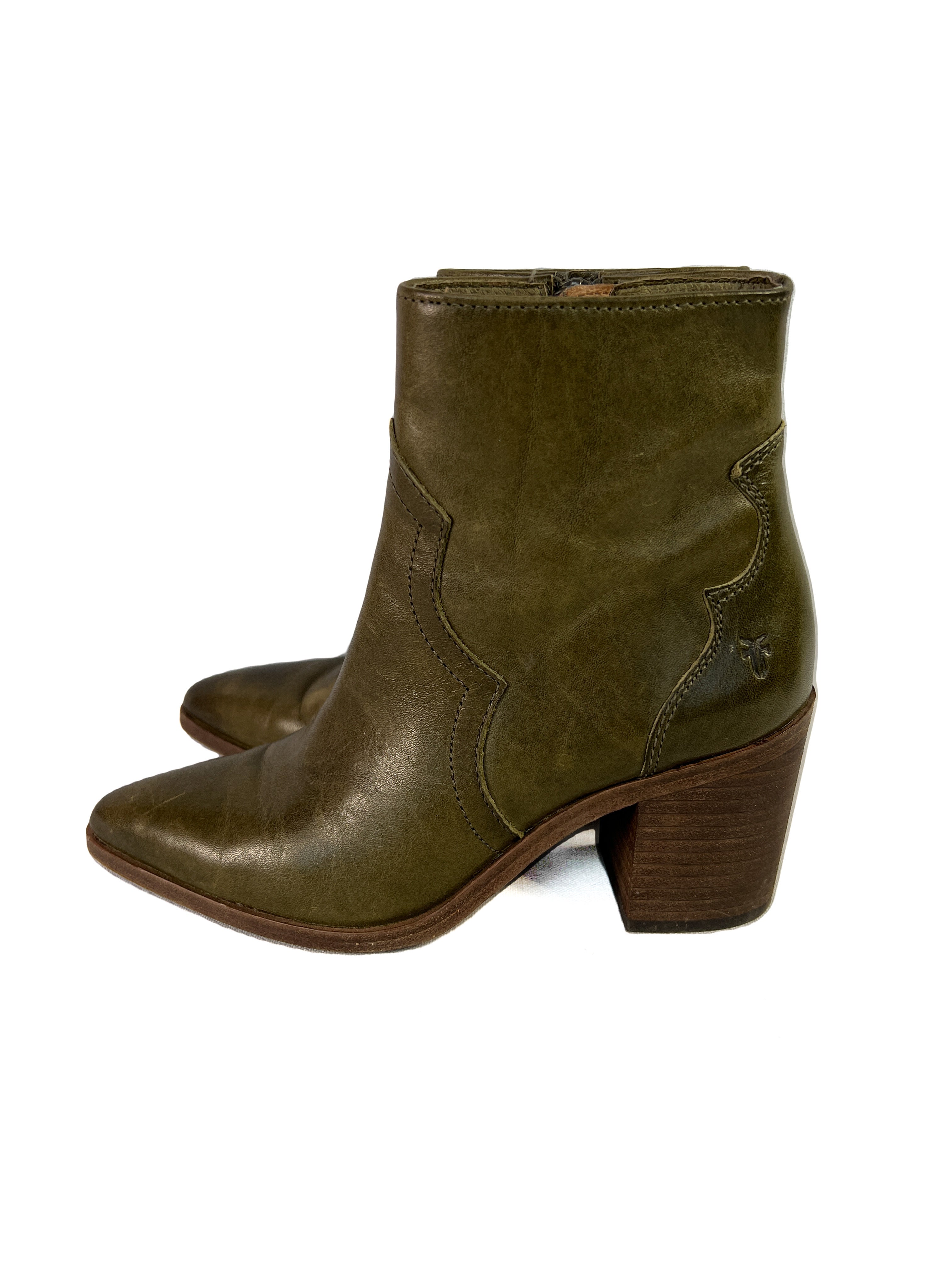 Frye olive leather heeled boots size 6