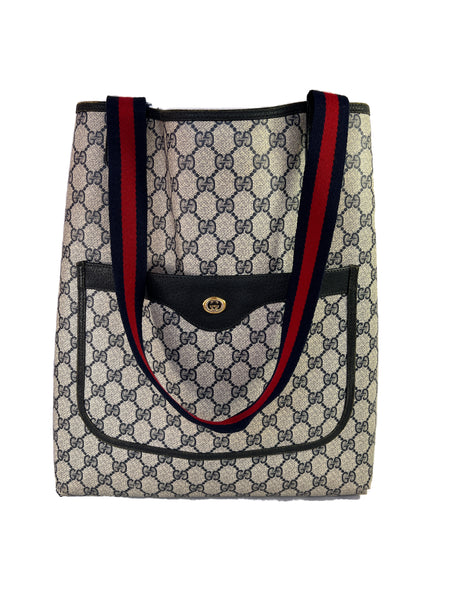 Gucci, Bags, Vintage Gucci Blue Leather Trim Bluered Stripe Monogram  Canvas Tote