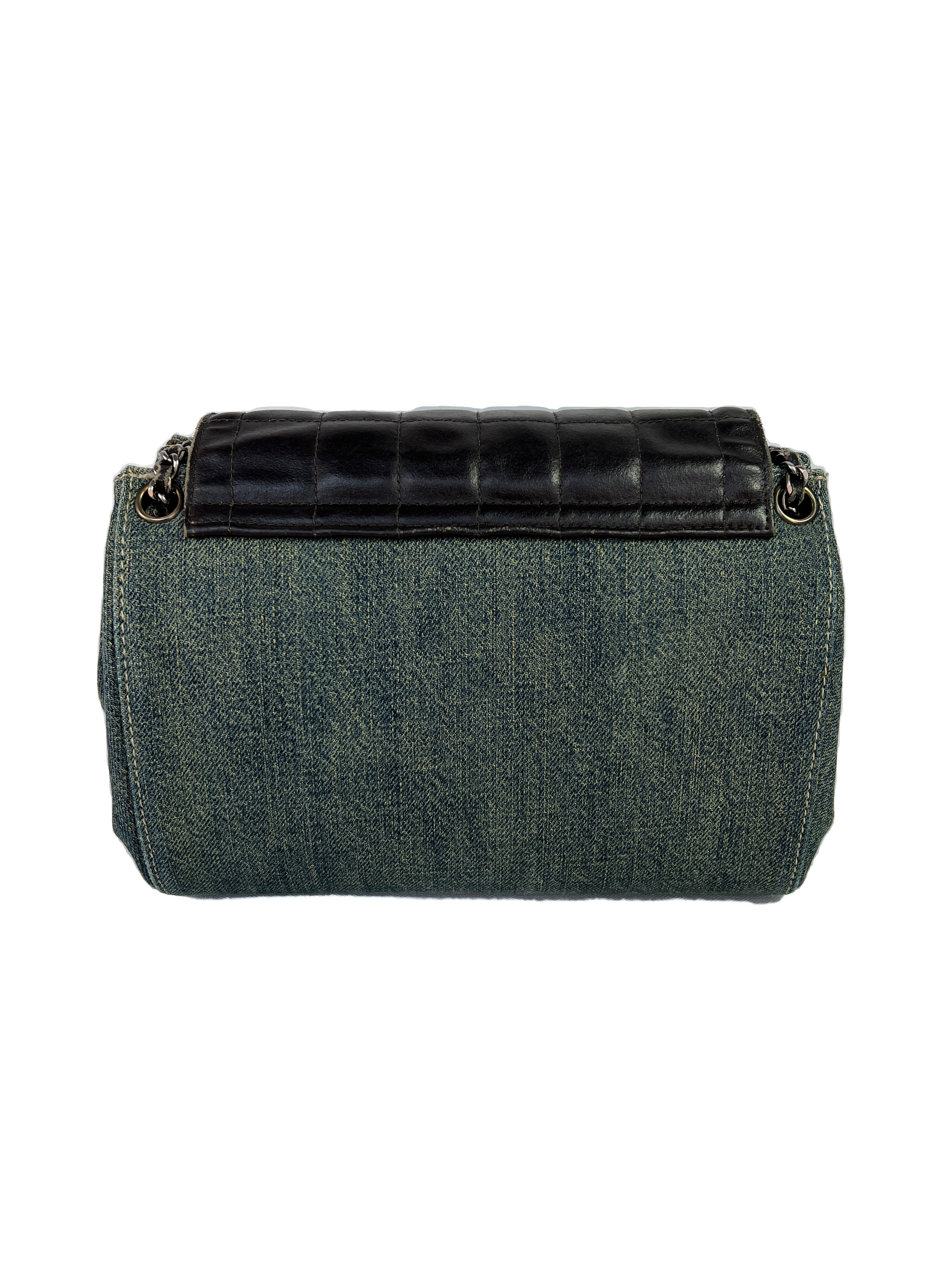 Chanel denim leather chocolate bar flap accordion shoulder bag