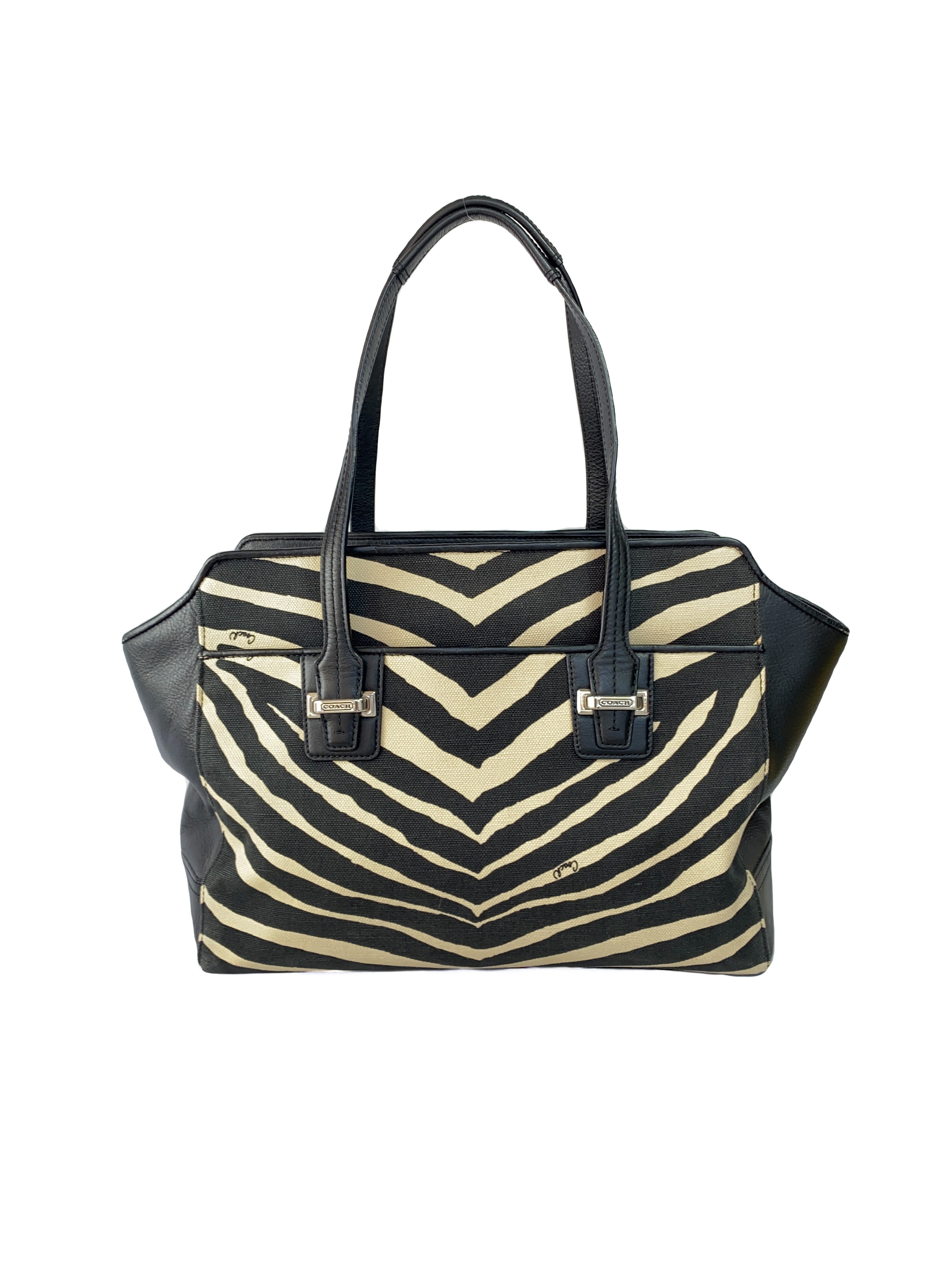 Coach black & beige zebra print tote