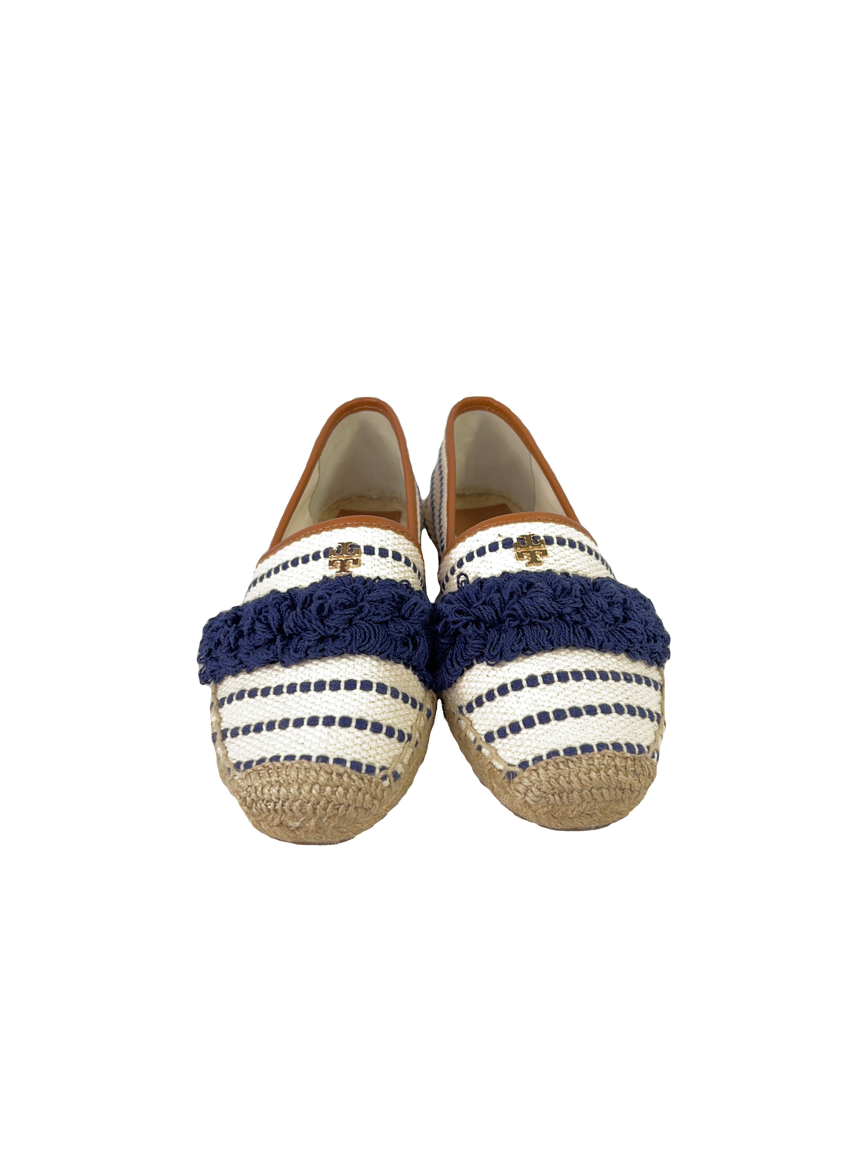 Tory Burch cream navy Shaw fringe espadrille flats size 7.5
