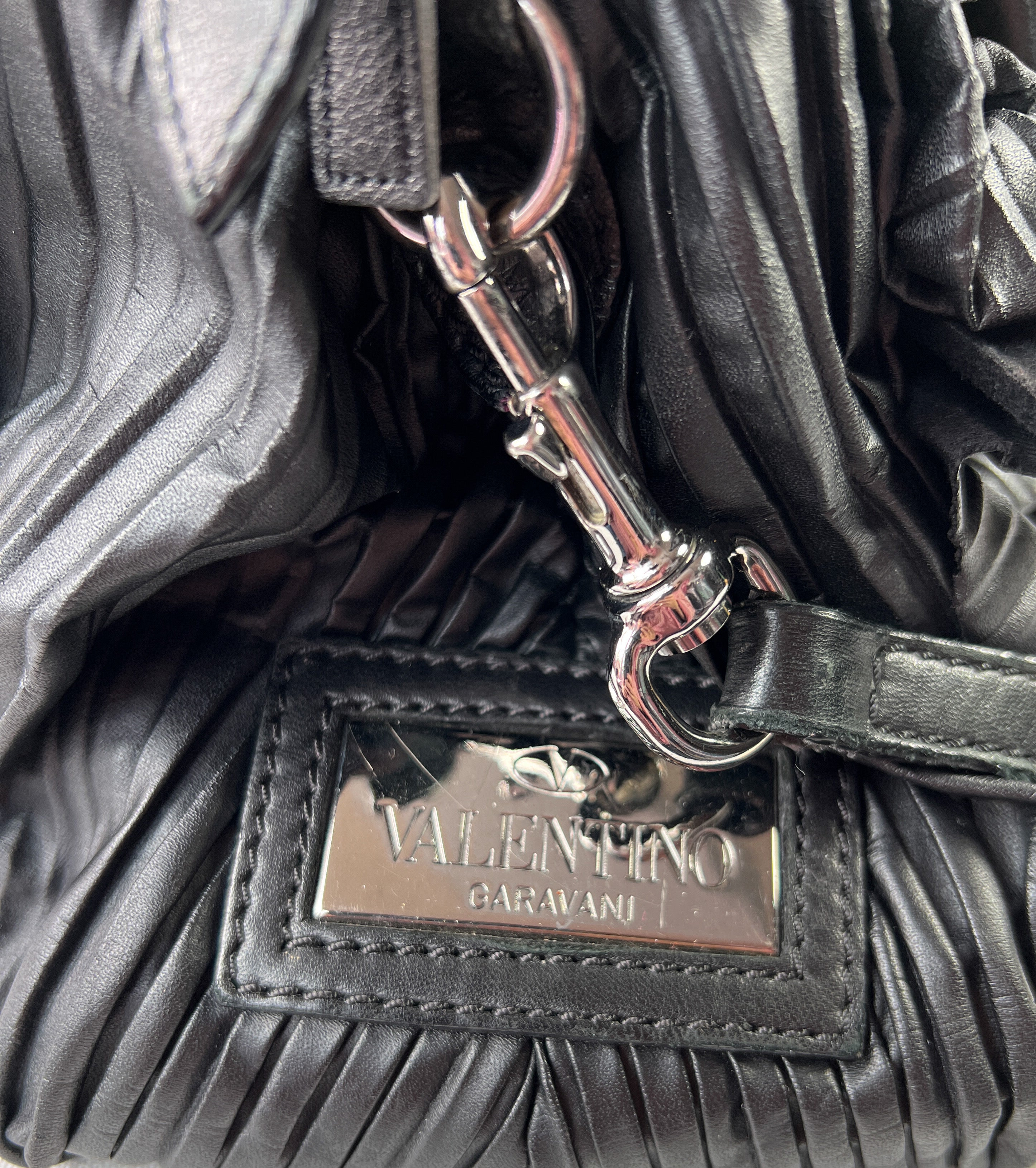 Valentino Garavani black floral leather pleated satchel