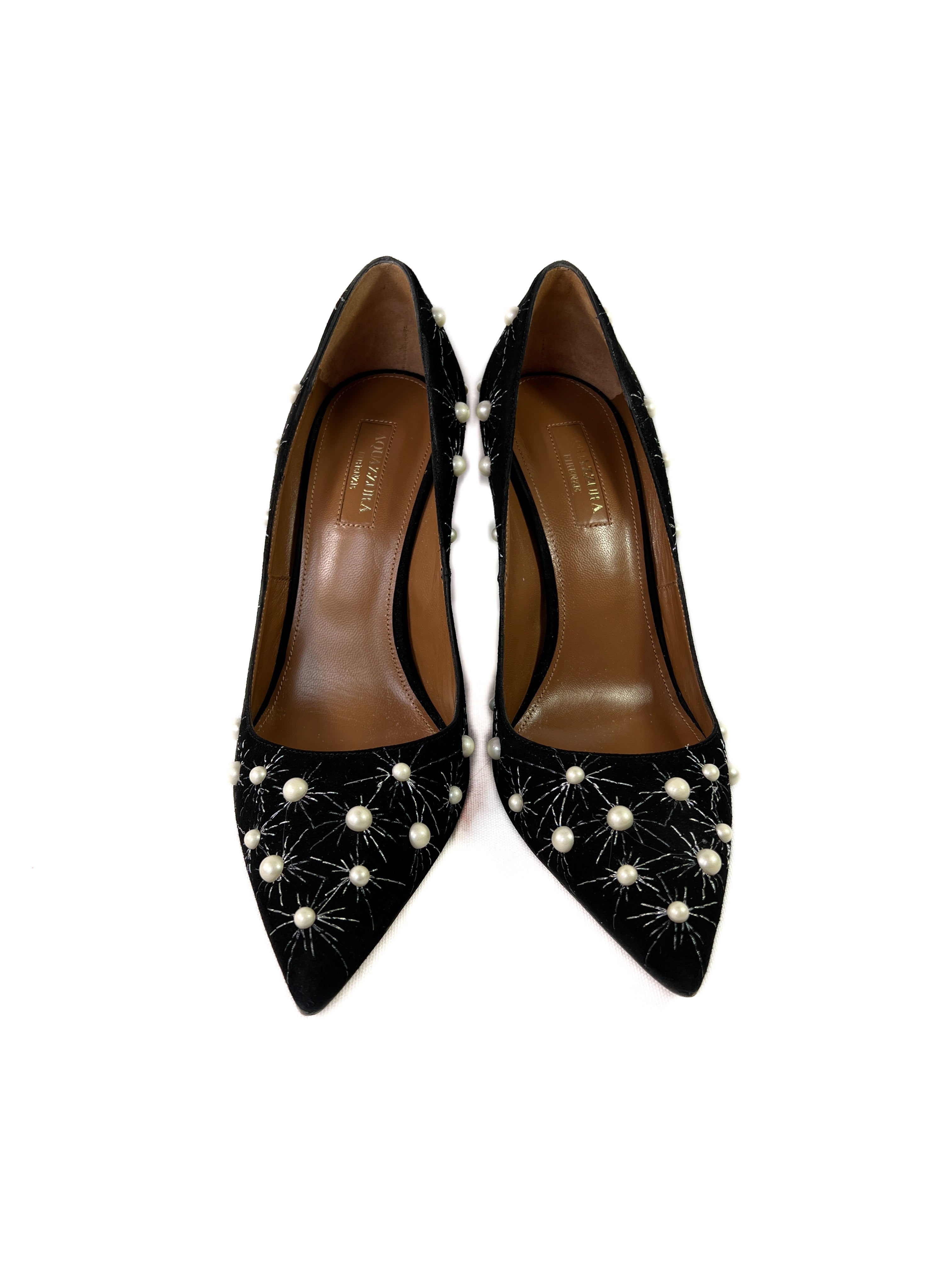 Aquazzura black suede pearl embellished pumps size 9