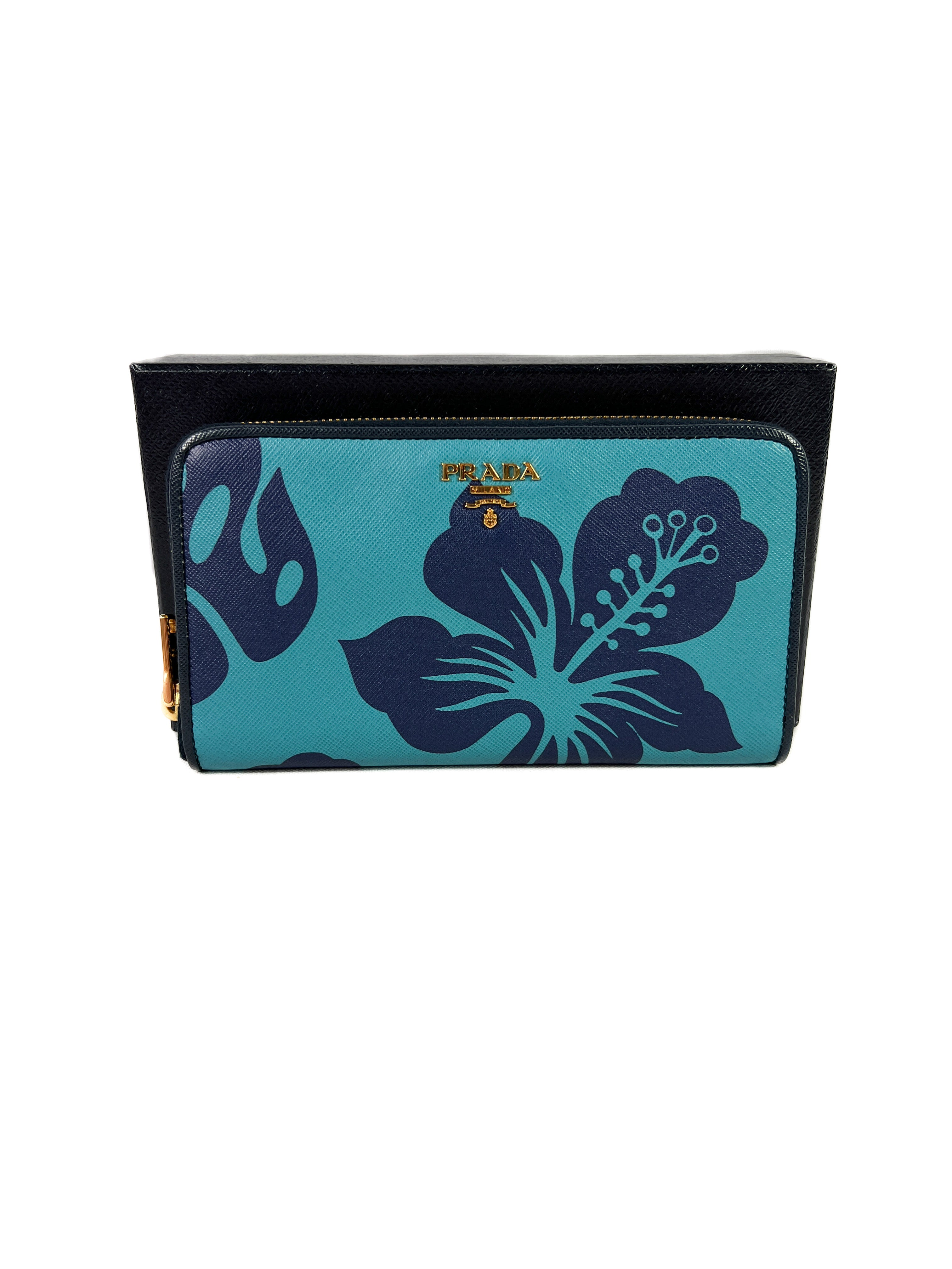 Prada blue print coated canvas leather wallet NEW