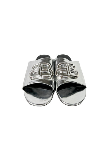 Balenciaga silver mirror logo slides size 37