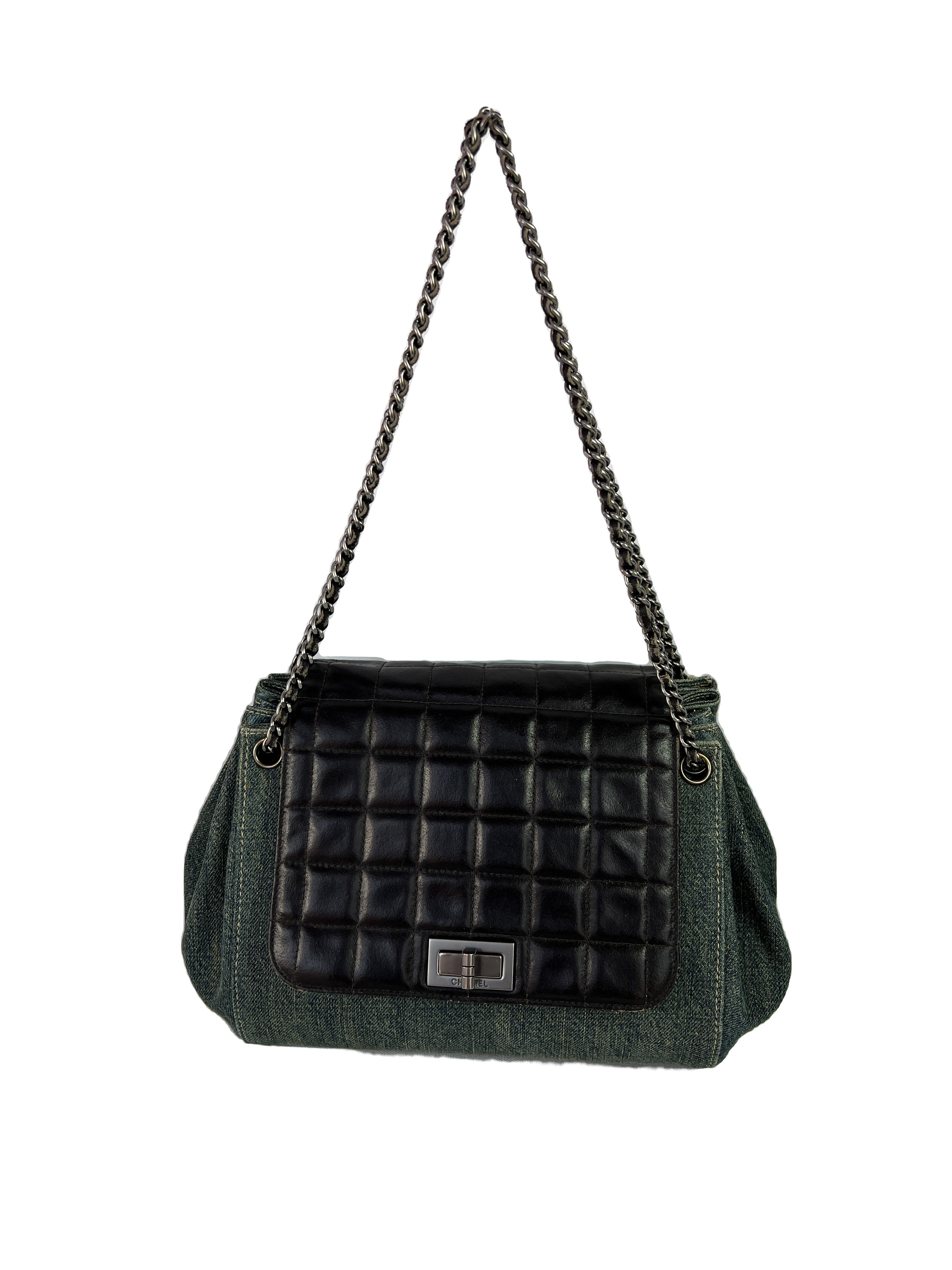 Chanel denim leather chocolate bar flap accordion shoulder bag