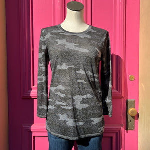 Lucky Brand black and gray sheer camo print top size S