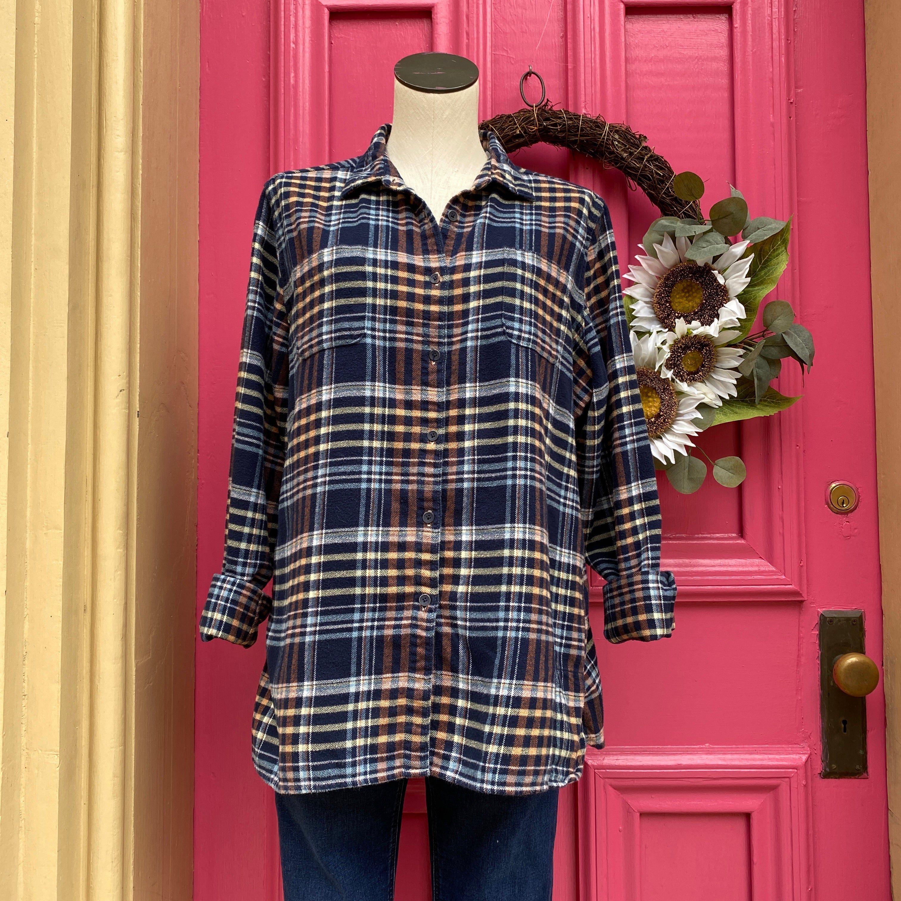 Woolrich navy and orange plaid flannel size XL