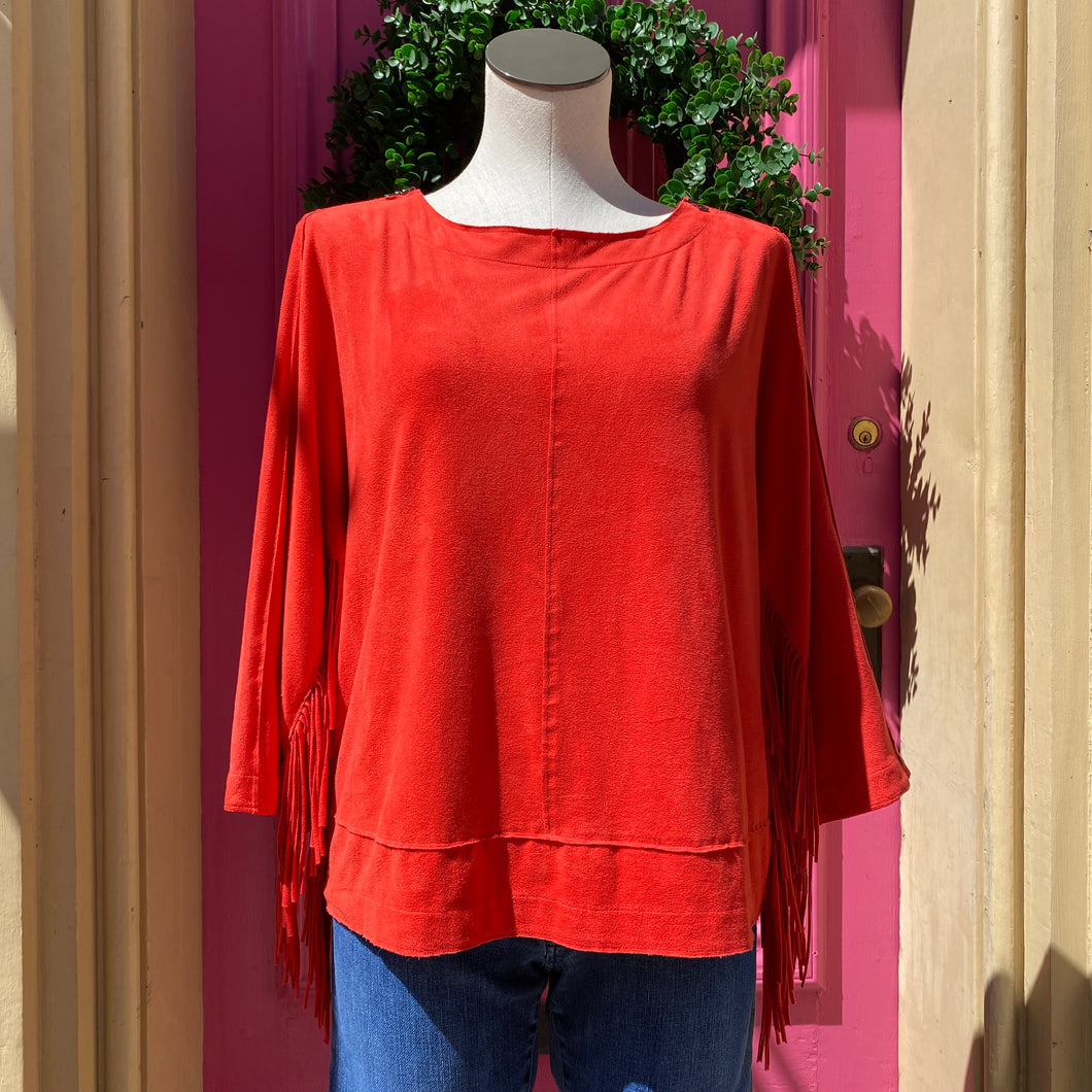 Chicos red faux suede fringe top size Medium