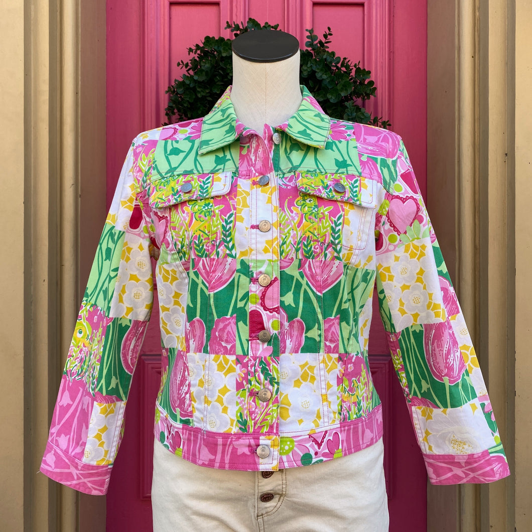 Lilly Pulitzer vintage patchwork floral denim jacket size Small