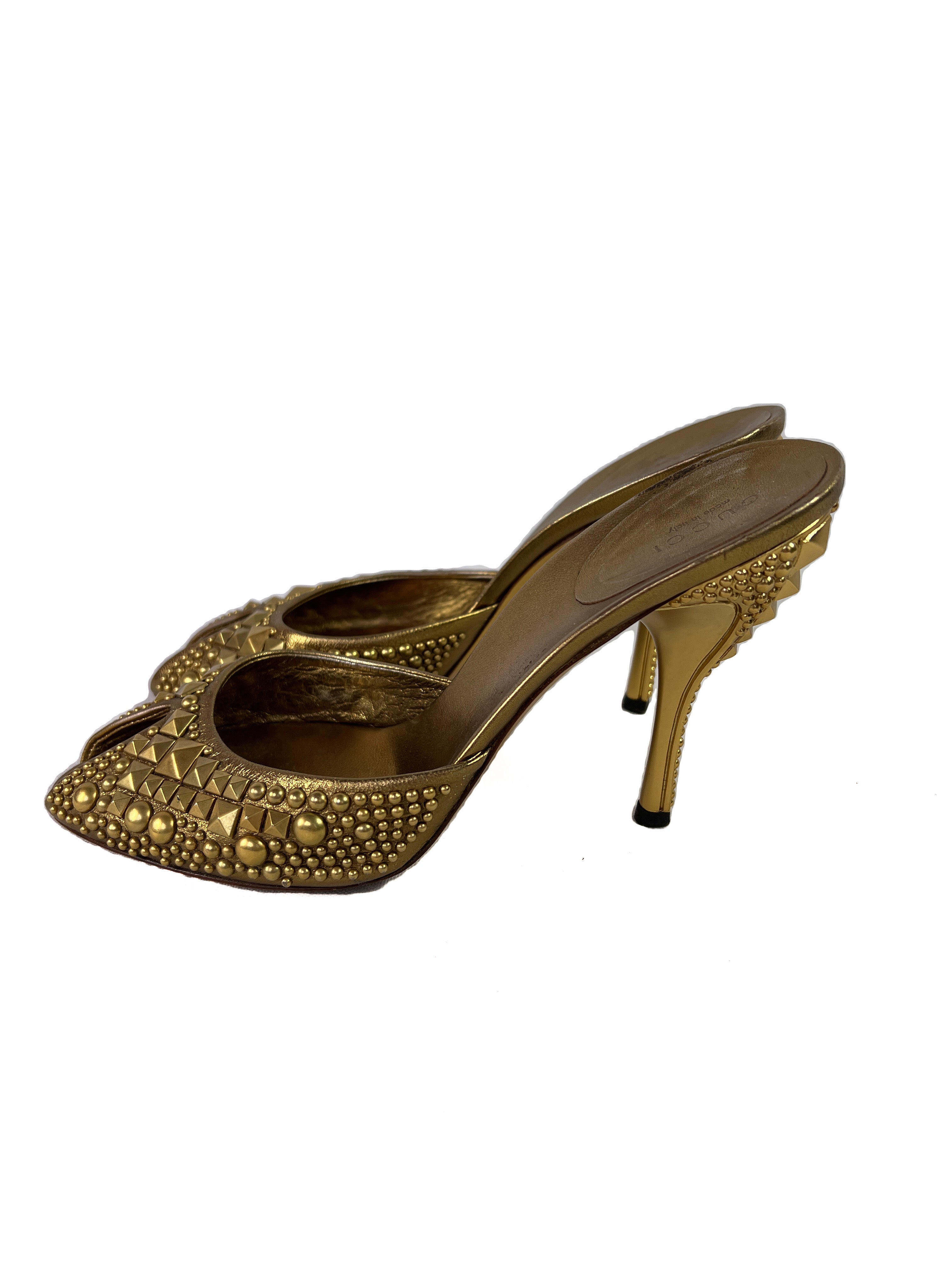 Gucci gold studded heeled slides size 9