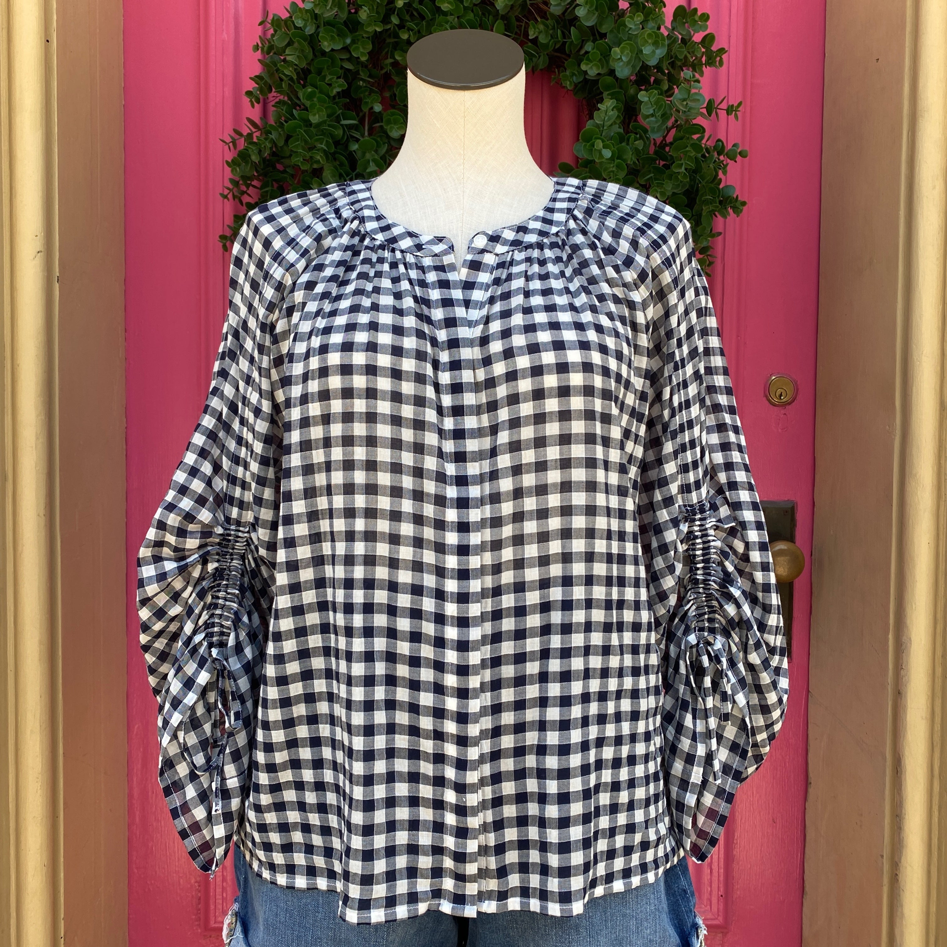 Gap navy white check button up top size Medium - My Girlfriend's Wardrobe LLC