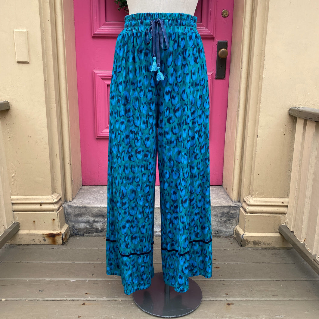 by Anthropologie green blue leopard print wide leg pants size Small