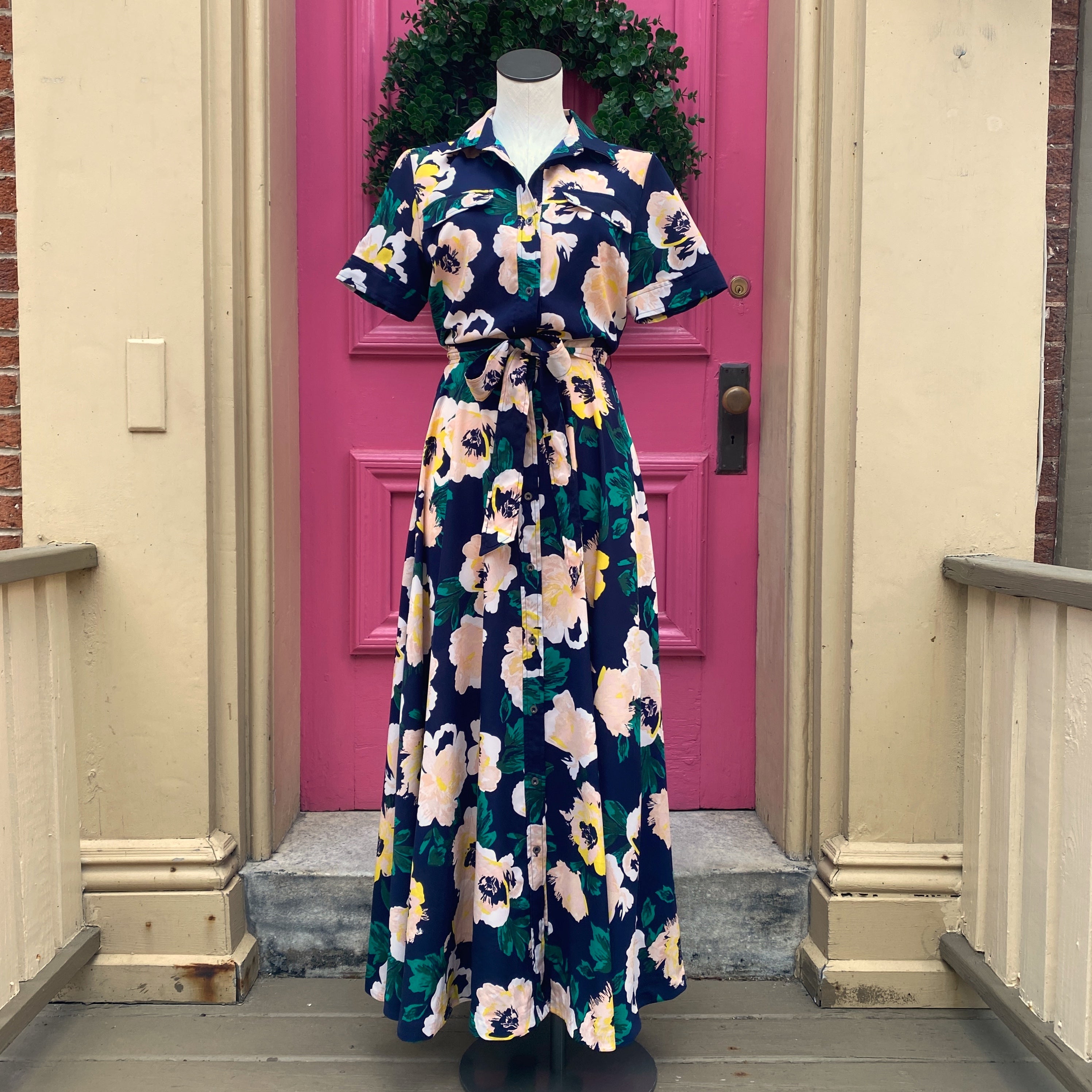 Banana Republic navy pink floral short sleeve button up dress size 8