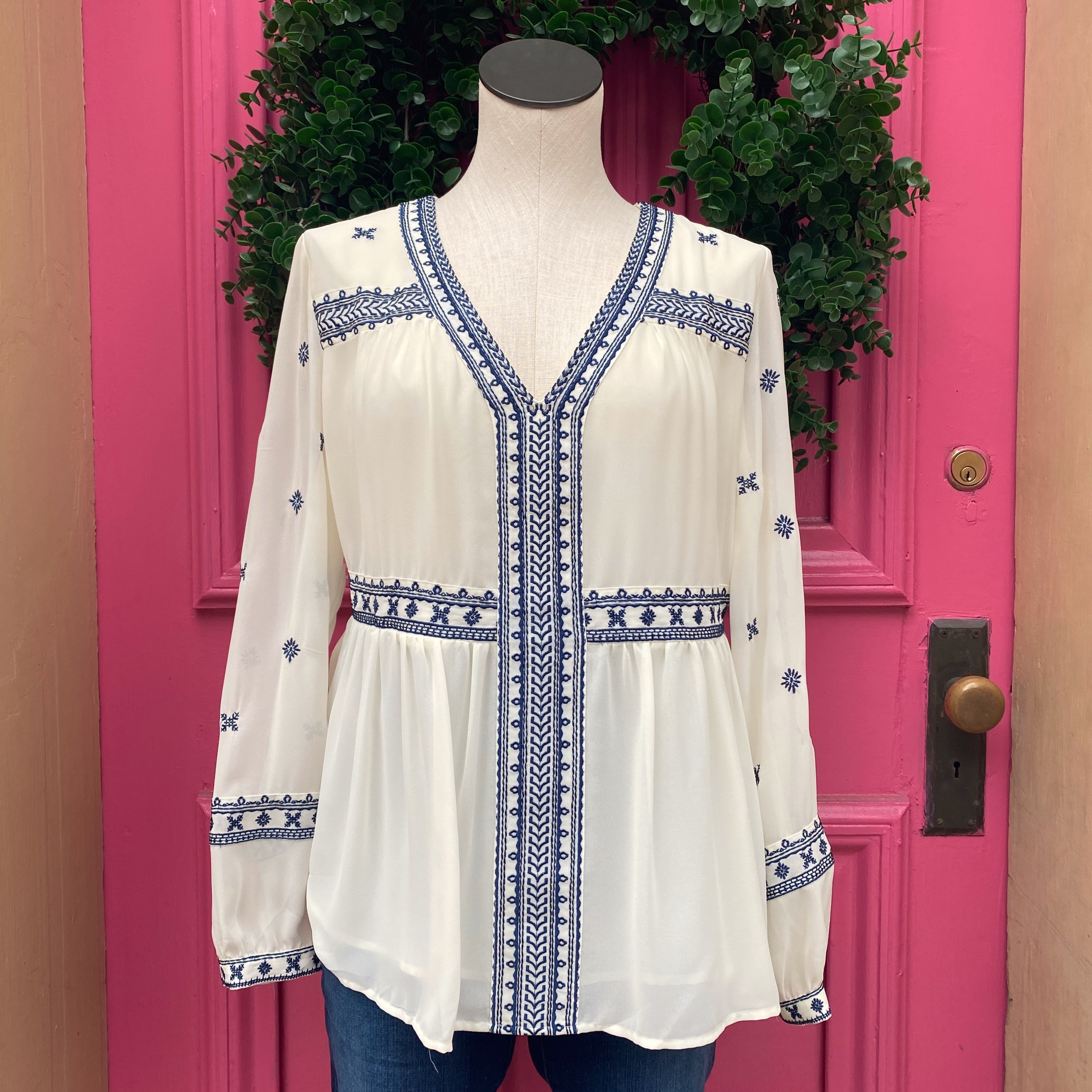 Maette cream navy embroidered long sleeve top size M