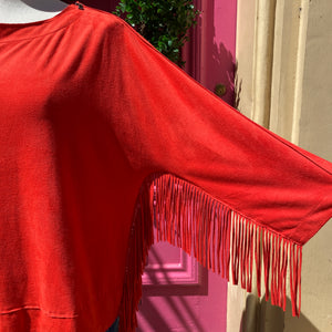 Chicos red faux suede fringe top size Medium